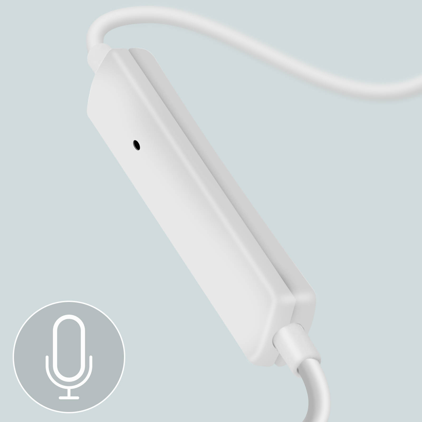 Weißer Inline-Mikrofon-Controller mit Mikrofonsymbol. Verbunden mit einem weißen Kabel.