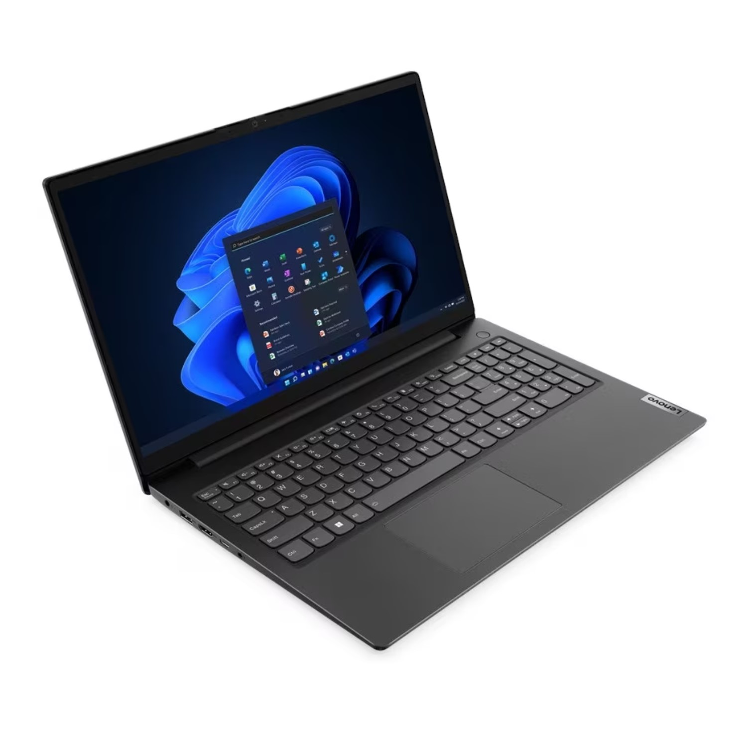 Schwarzes Lenovo-Laptop, geöffnet. Der Bildschirm zeigt eine Windows 11-Oberfläche. Abgewinkelte Ansicht vor weißem Hintergrund.