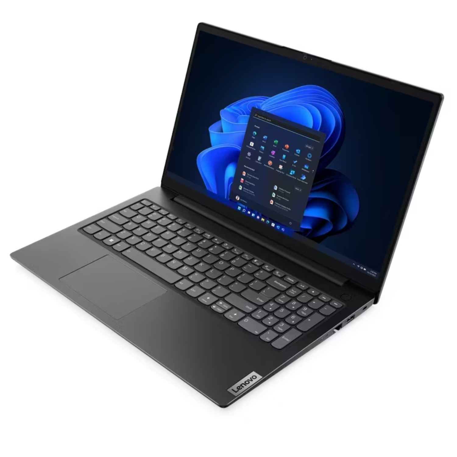 Schwarzer Lenovo Laptop mit Tastatur und Bildschirm, der eine Windows-Oberfläche zeigt, auf weißer Oberfläche.