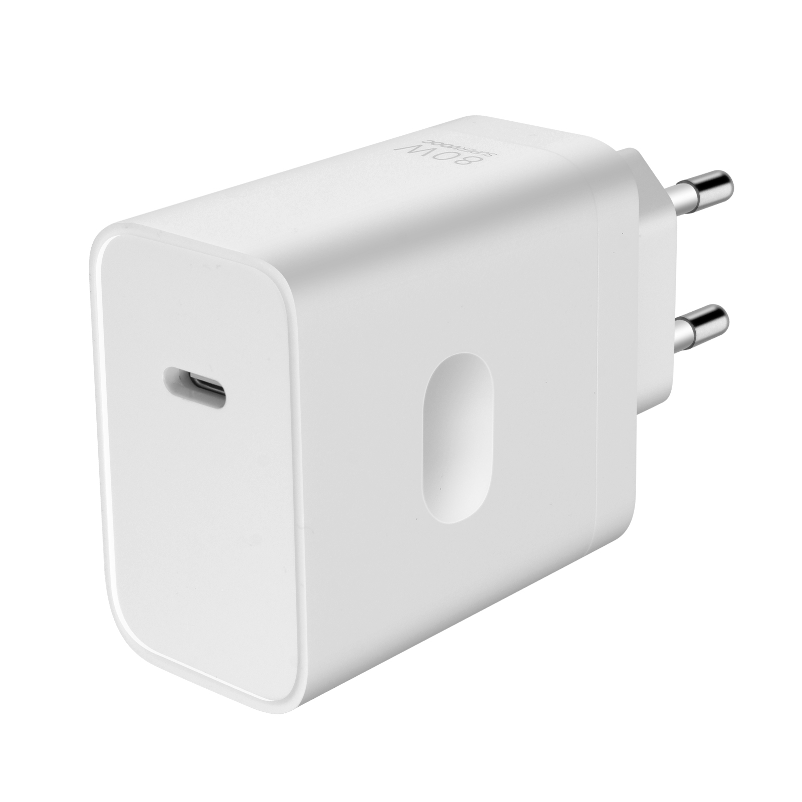 Caricatore bianco con porta USB-C e pin. Ha una piccola rientranza ovale.
