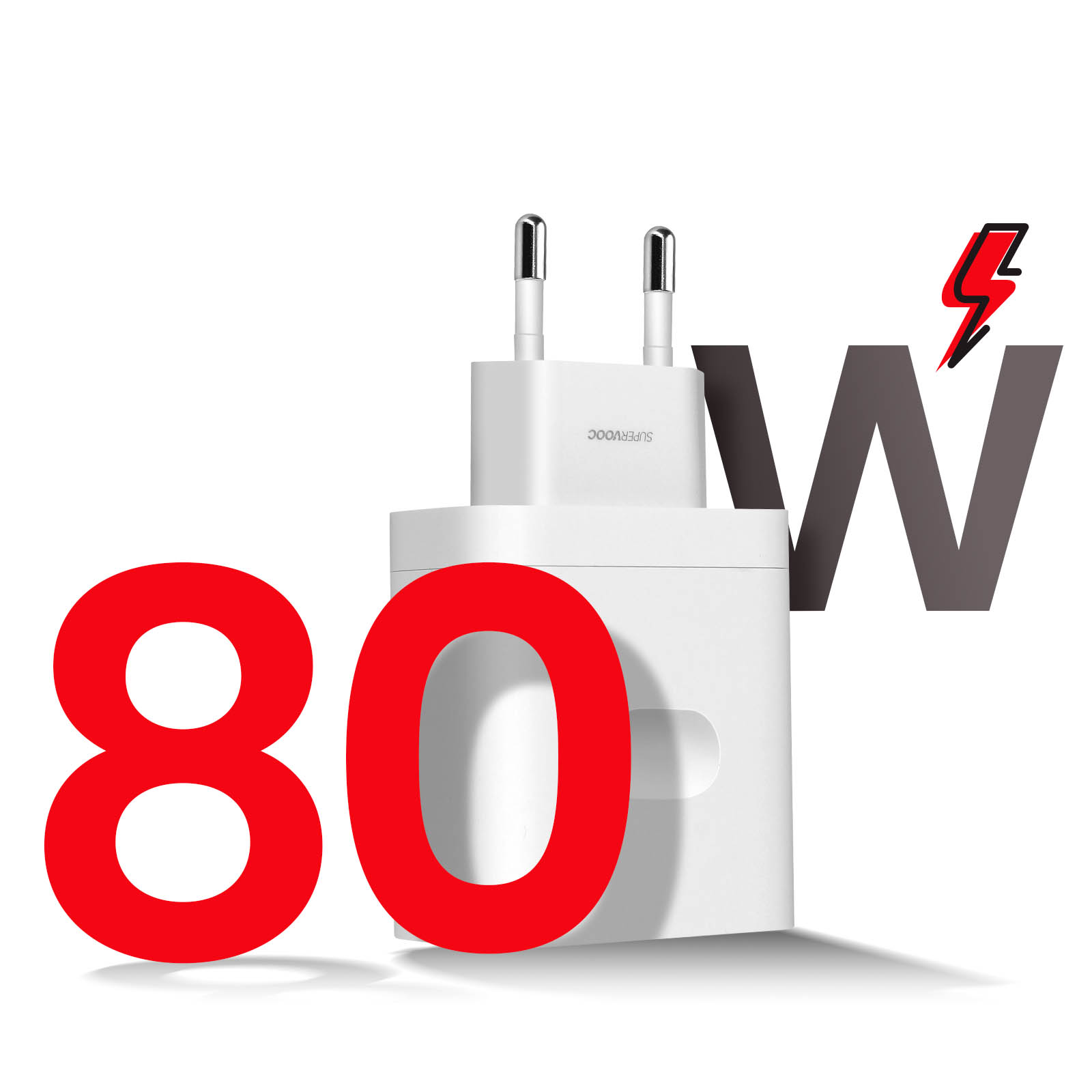 Un caricabatterie bianco da 80W con due spine e la lettera W con un fulmine accanto al numero 80.