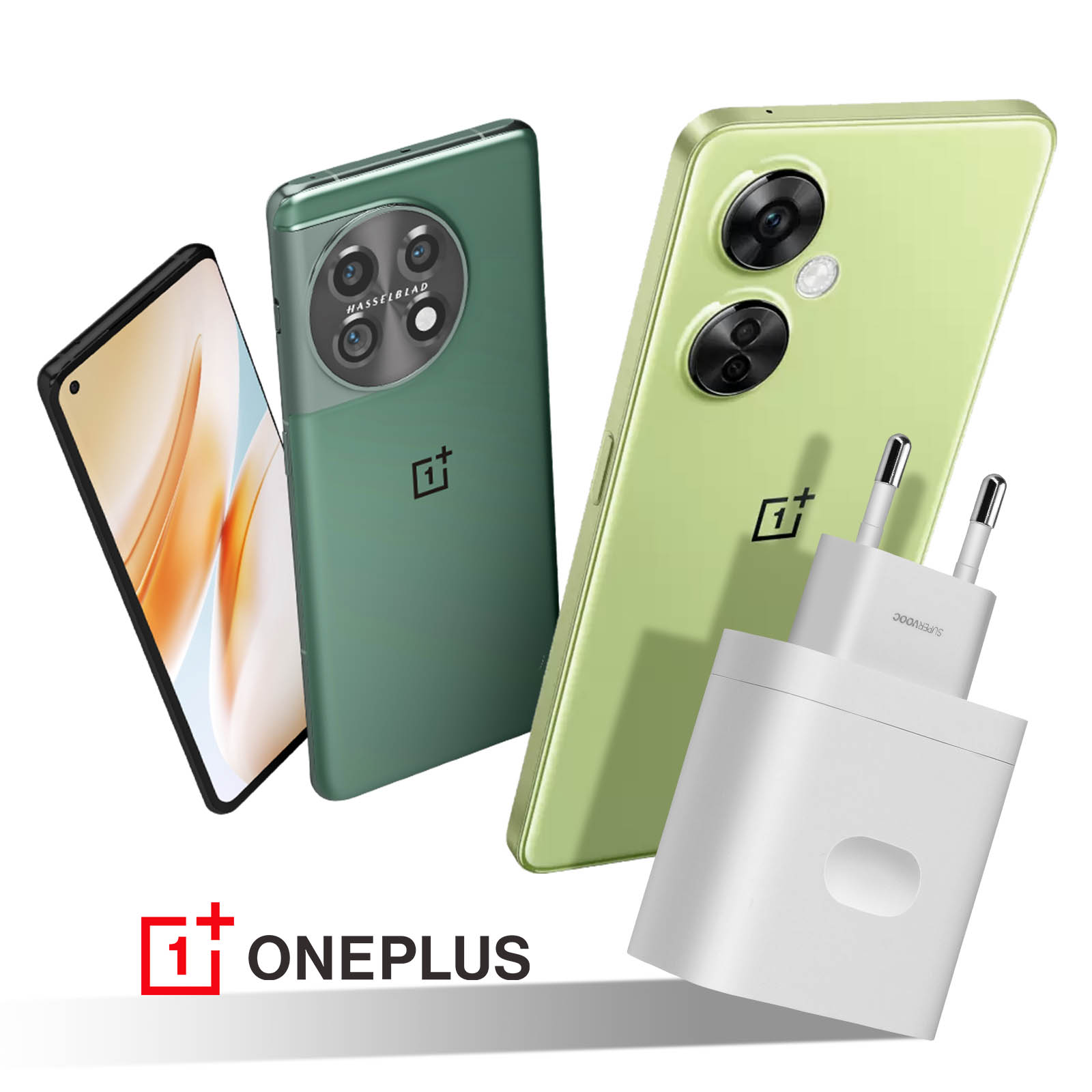 Due telefoni verdi e un caricabatterie su sfondo bianco. Logo OnePlus visibile.