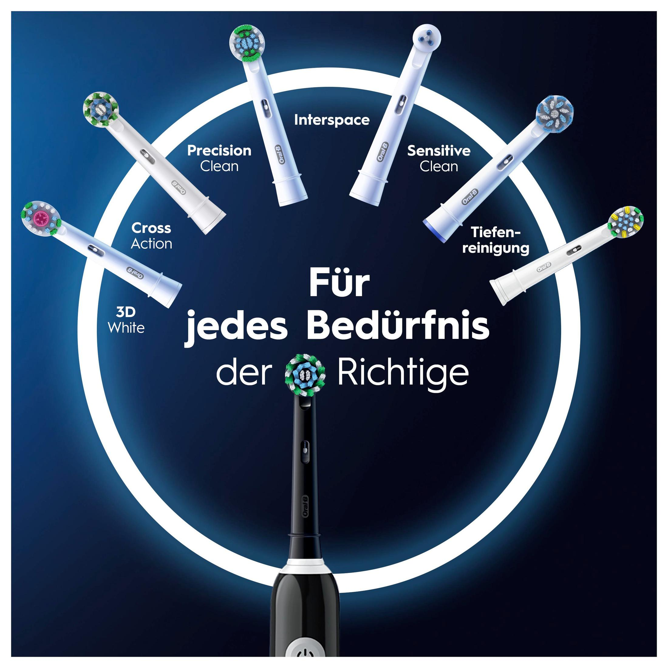 Elektryczna szczoteczka do zębów z różnymi końcówkami. Obecny jest tekst w języku niemieckim.