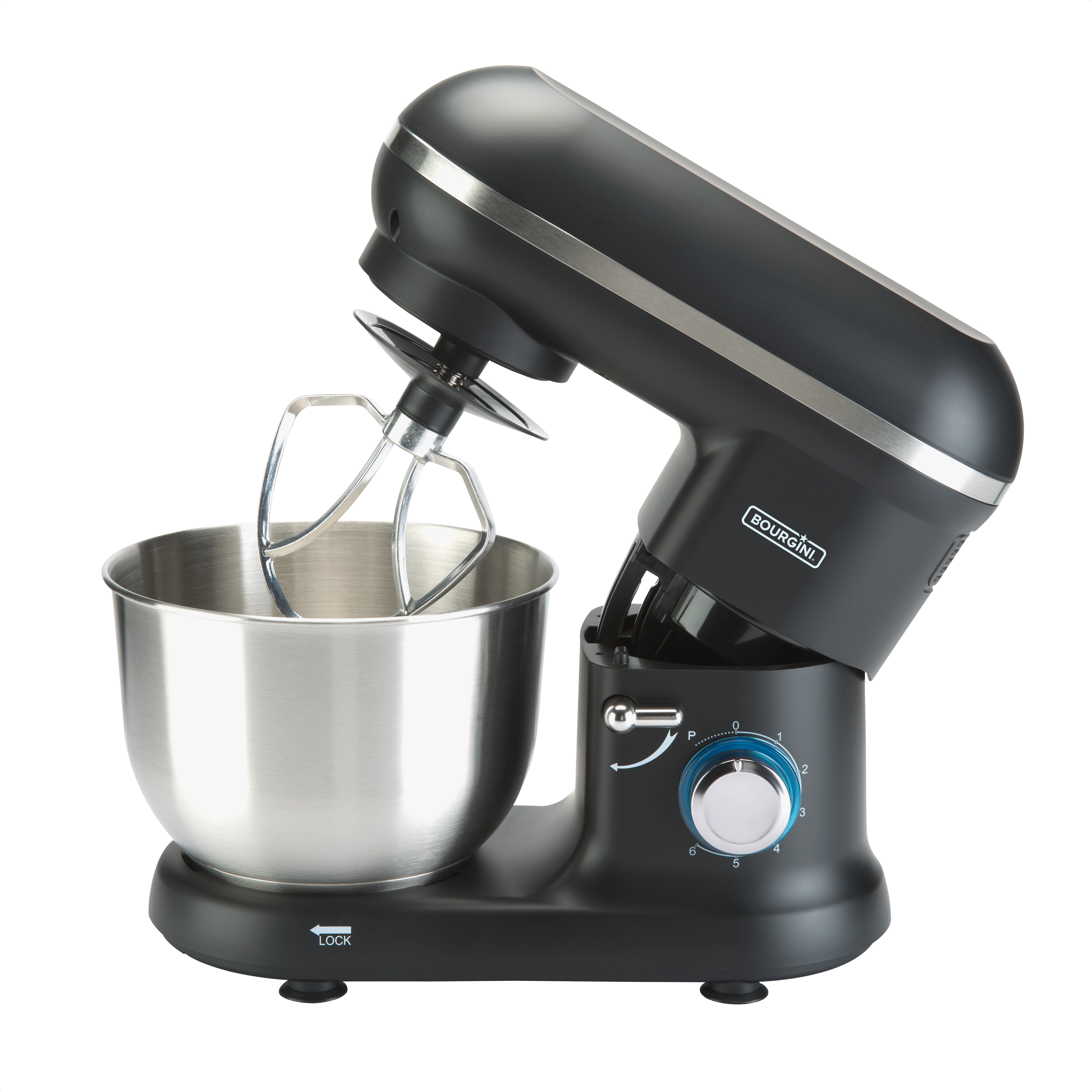Ein schwarzer Küchenmixer mit einer Edelstahlschüssel. Der Mixer steht auf weißem Hintergrund.