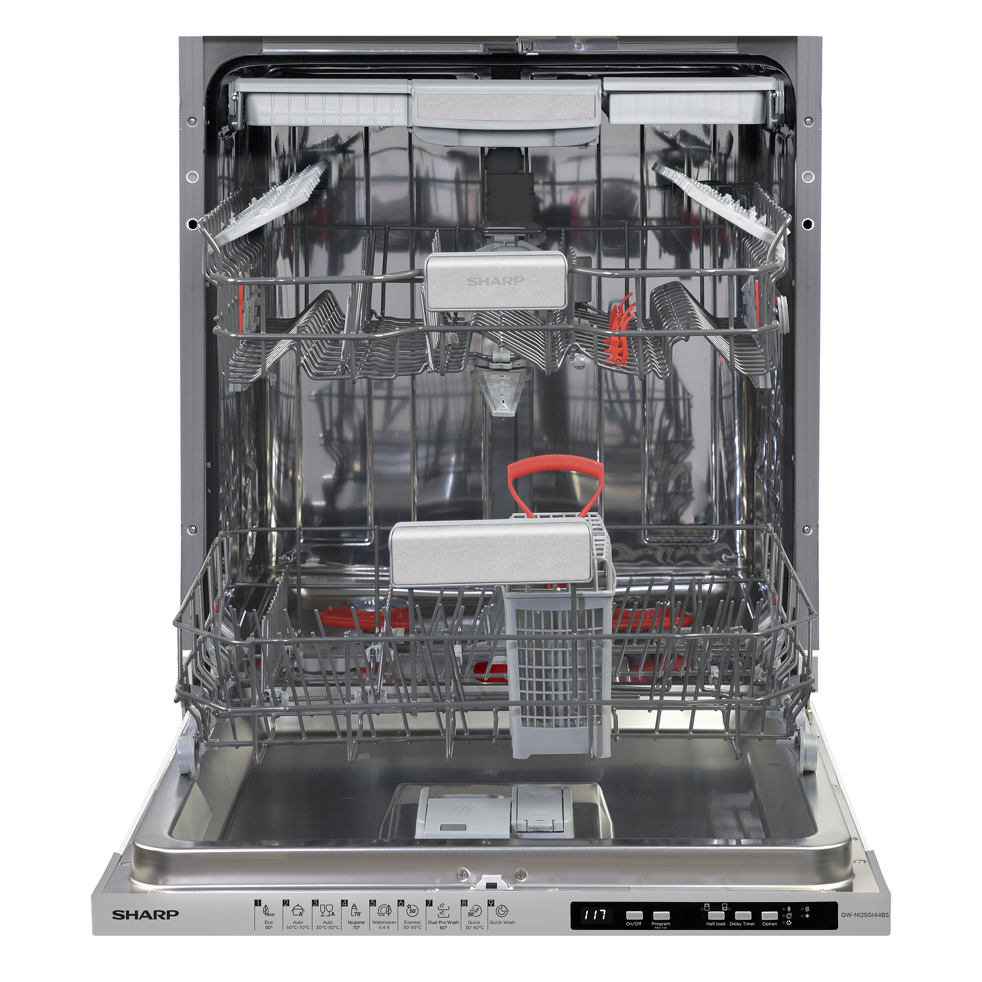 Lave-vaisselle avec porte ouverte, montrant les paniers et les commandes. Fond : blanc.
