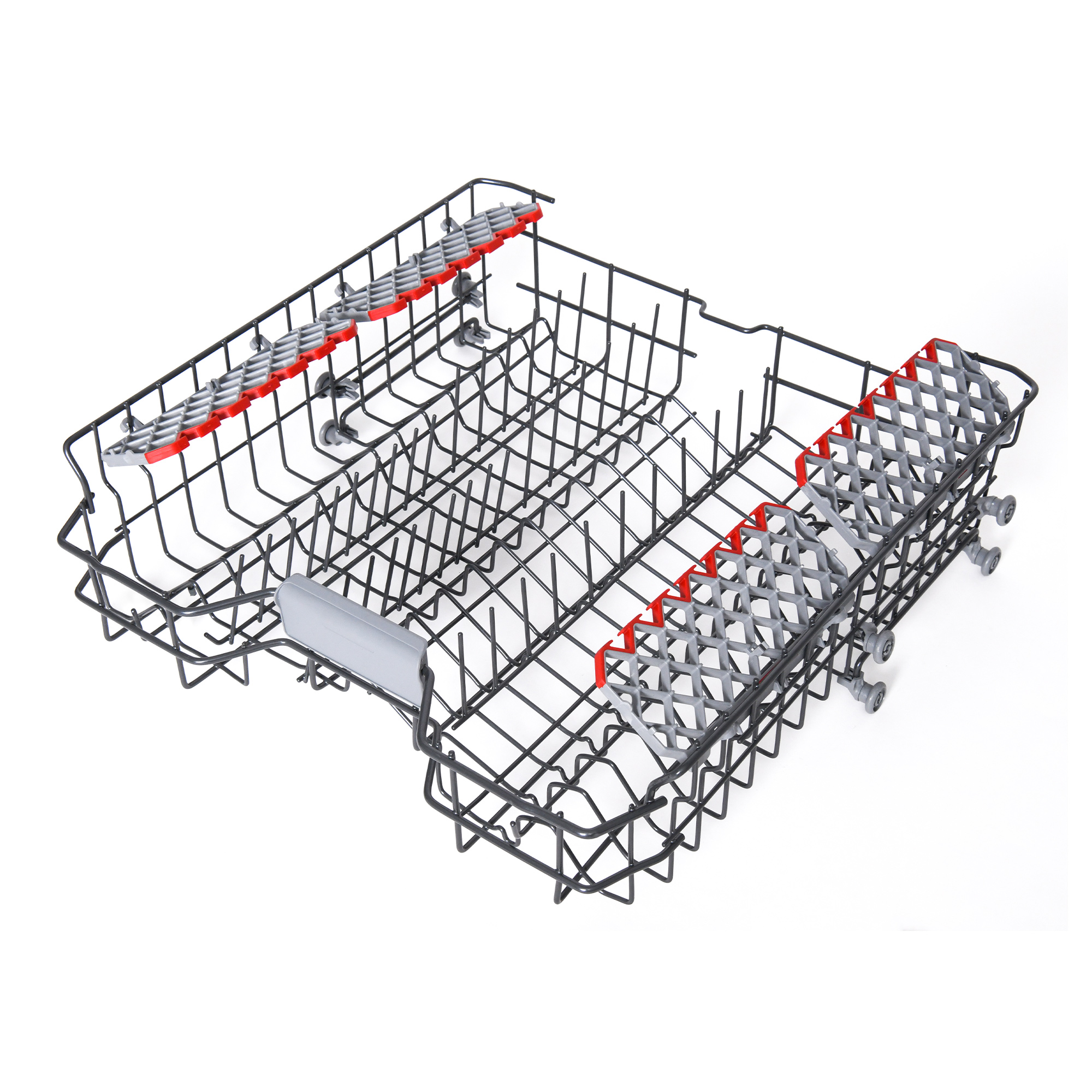 Un panier de lave-vaisselle avec armature métallique noire et supports en plastique rouge et gris.