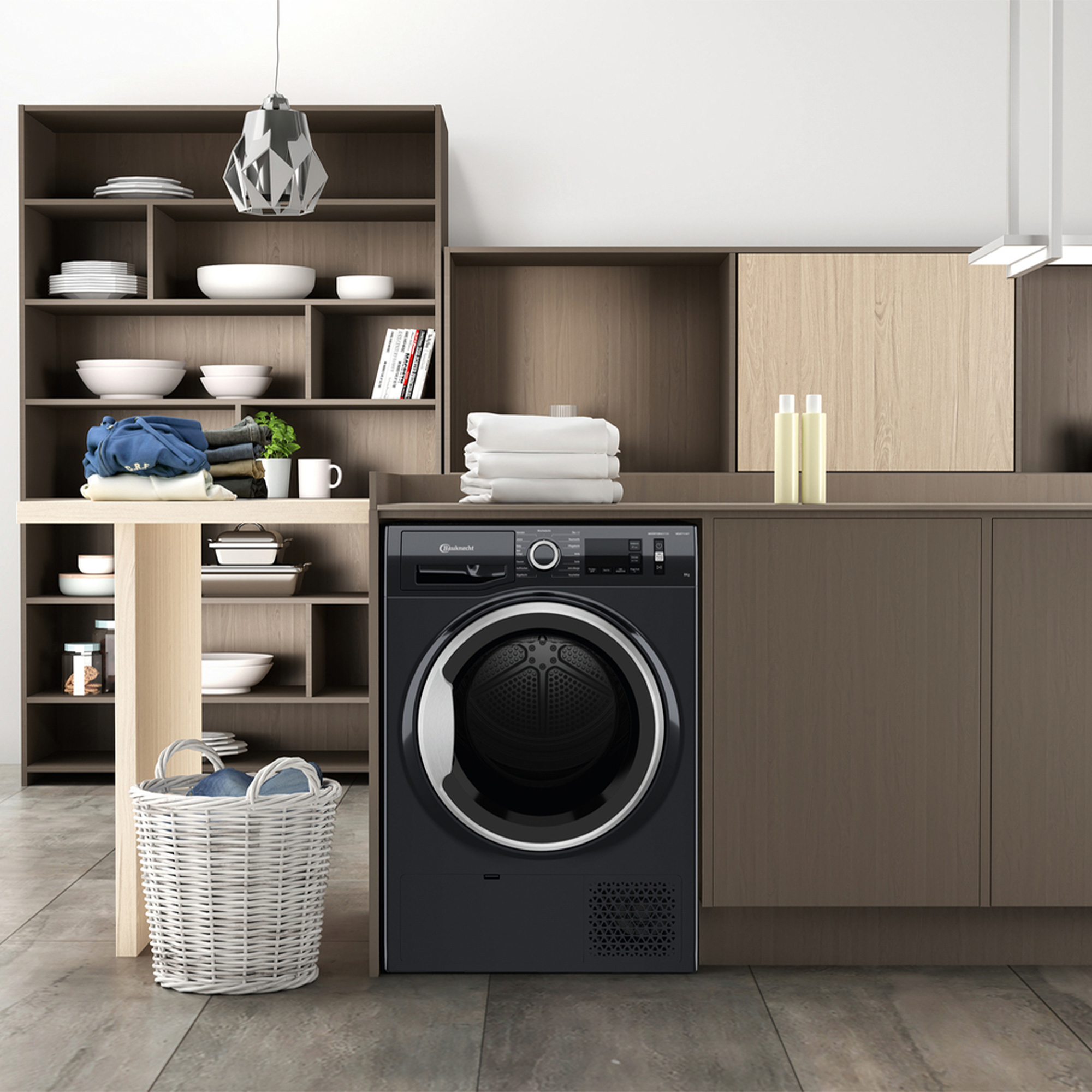 Ein moderner Waschraum mit Waschmaschine, Regal und Korb.
