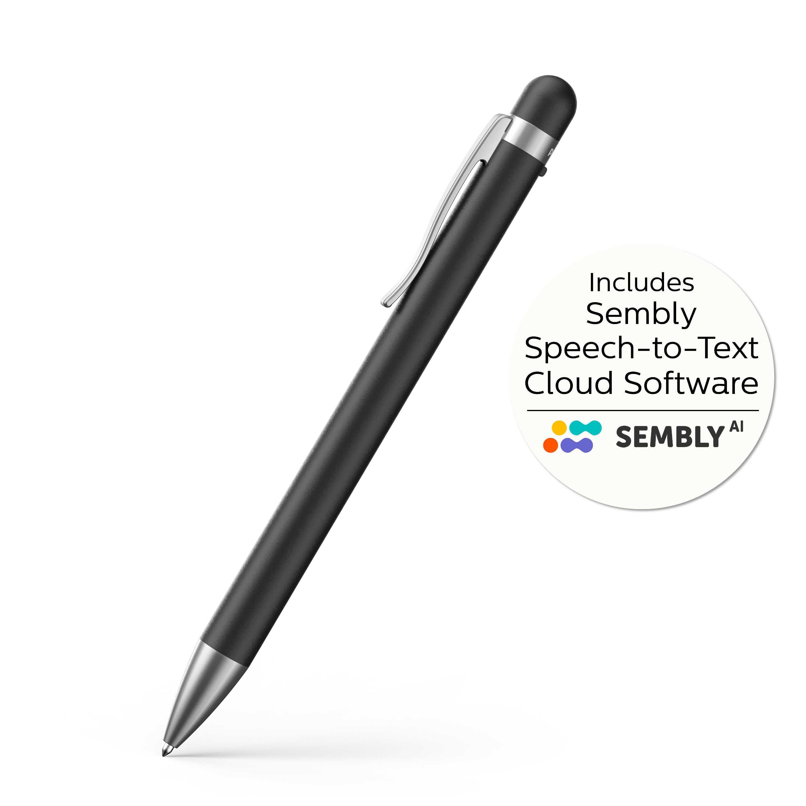 Bolígrafo negro con detalles plateados y una etiqueta circular blanca con detalles del software.