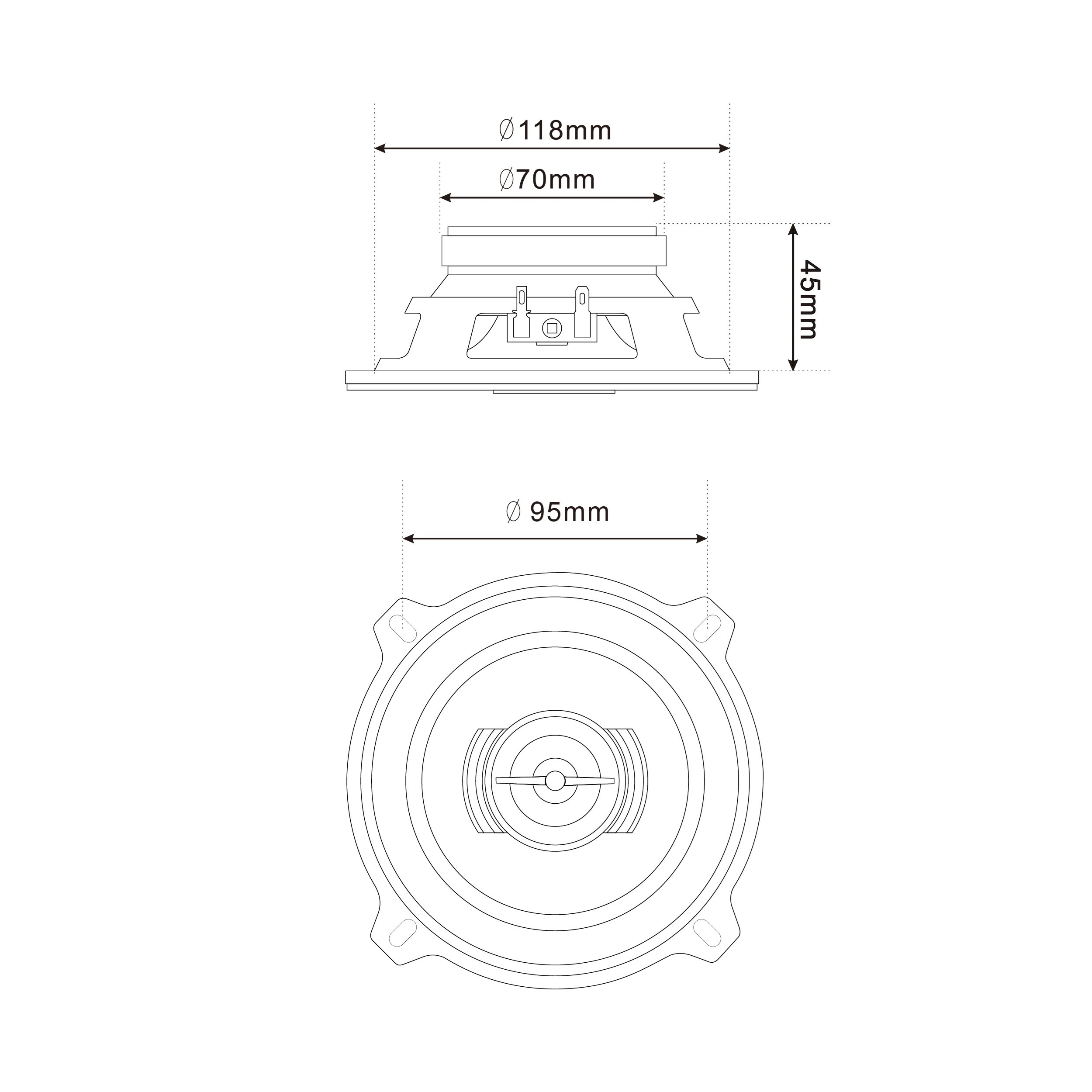 Diagram of a speaker with dimensions, top and side views.