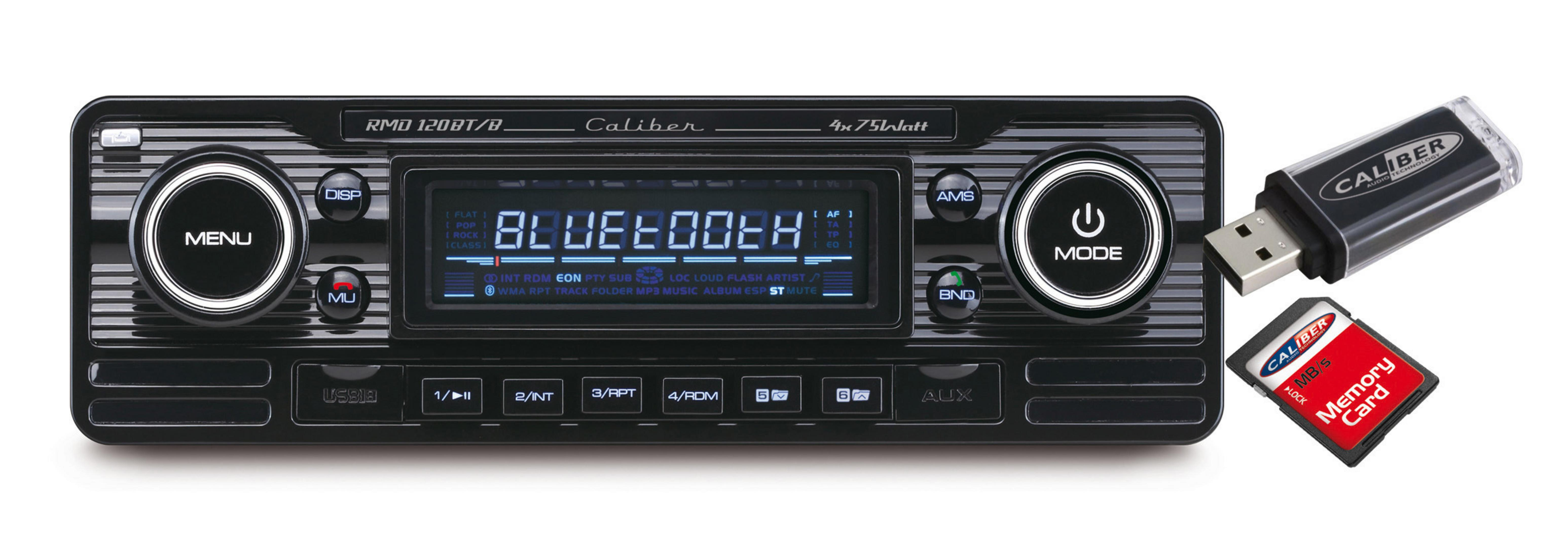 Car stereo with USB and SD card, featuring a blue display and control buttons.