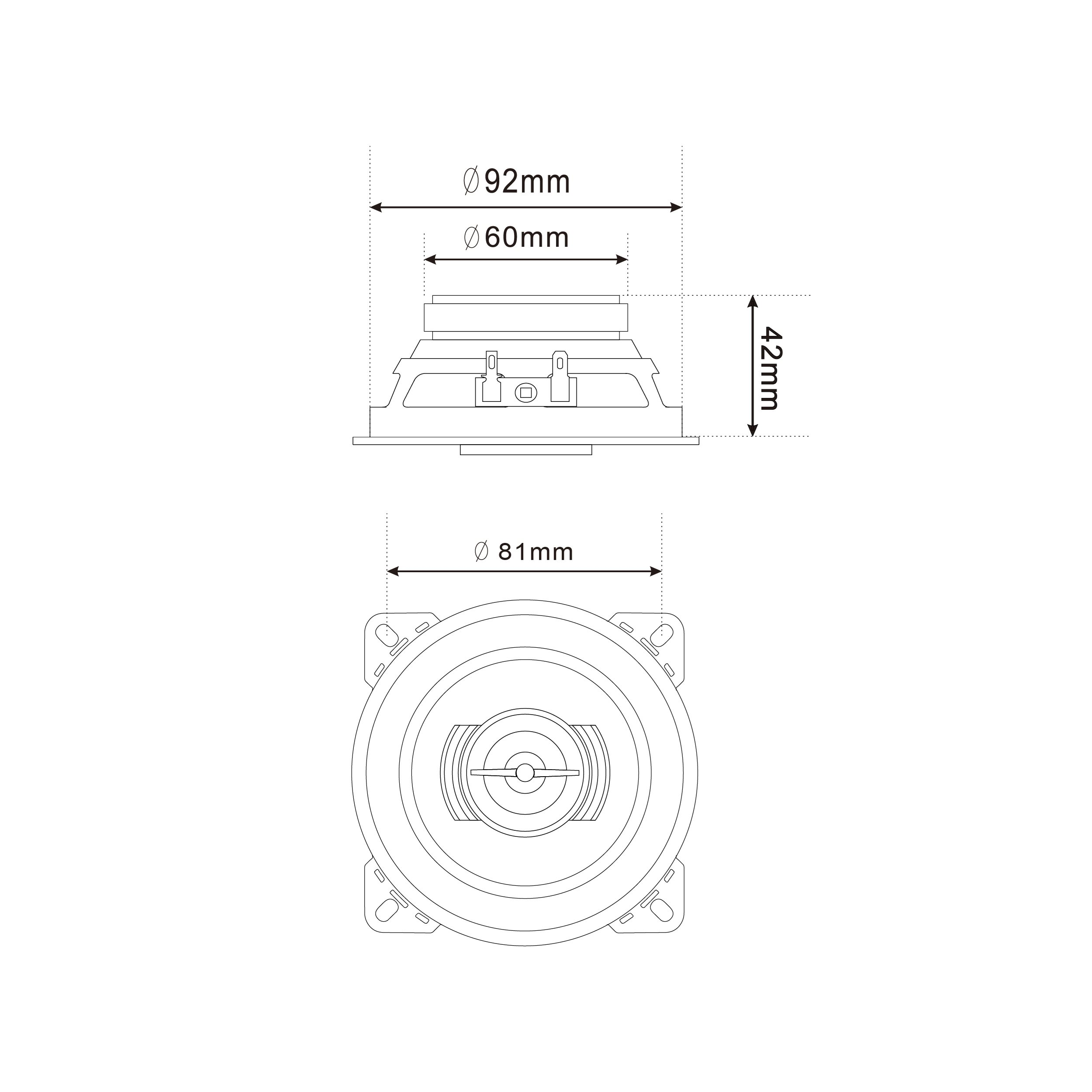 Diagram of a speaker, showing dimensions in mm: 92mm, 60mm, 42mm, 81mm.