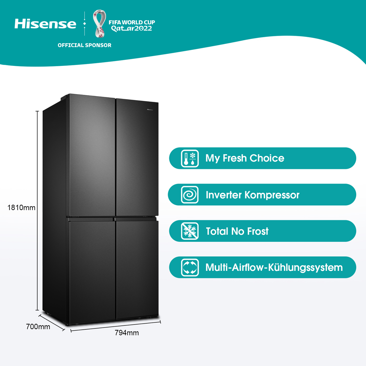 Schwarzer Hisense-Kühlschrank mit vier Türen und angezeigten Abmessungen. Es hat ein FIFA-Logo.