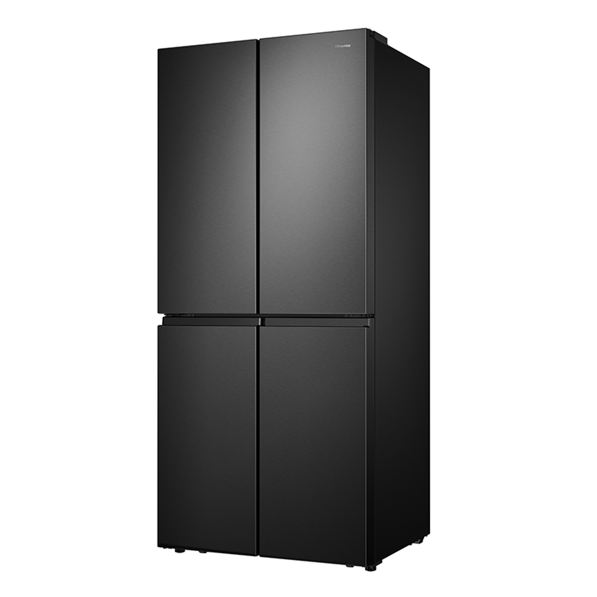 Schwarzer Vier-Türen-Kühlschrank mit elegantem Design, Perspektivaufnahme.