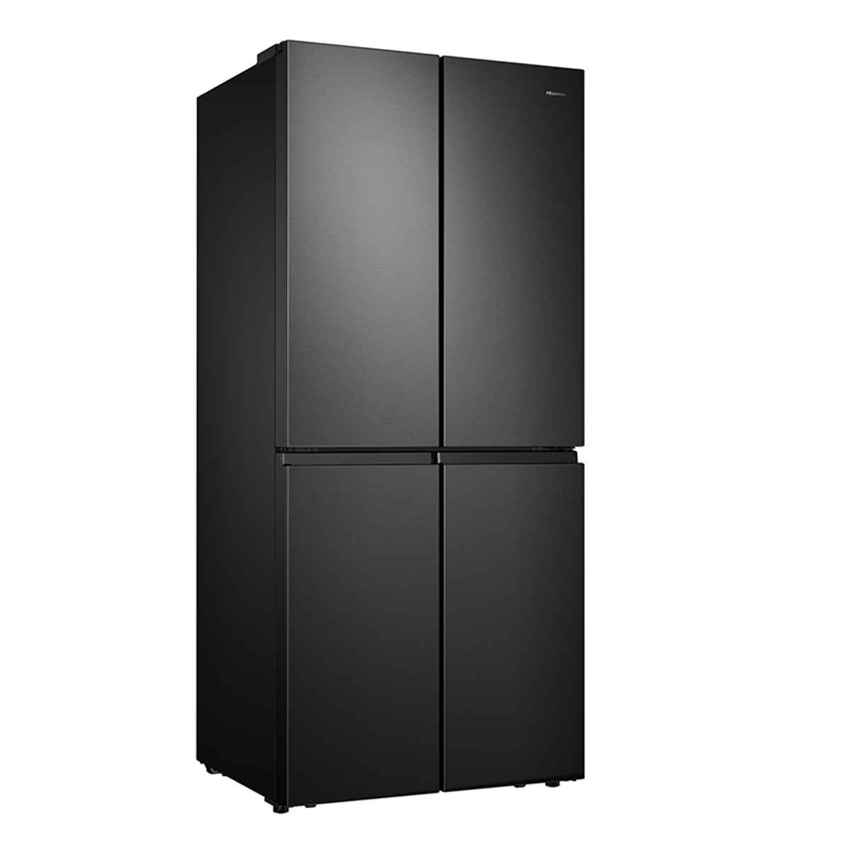 Schwarzer Hisense-Kühlschrank mit vier Türen, Studioaufnahme auf weißem Grund.