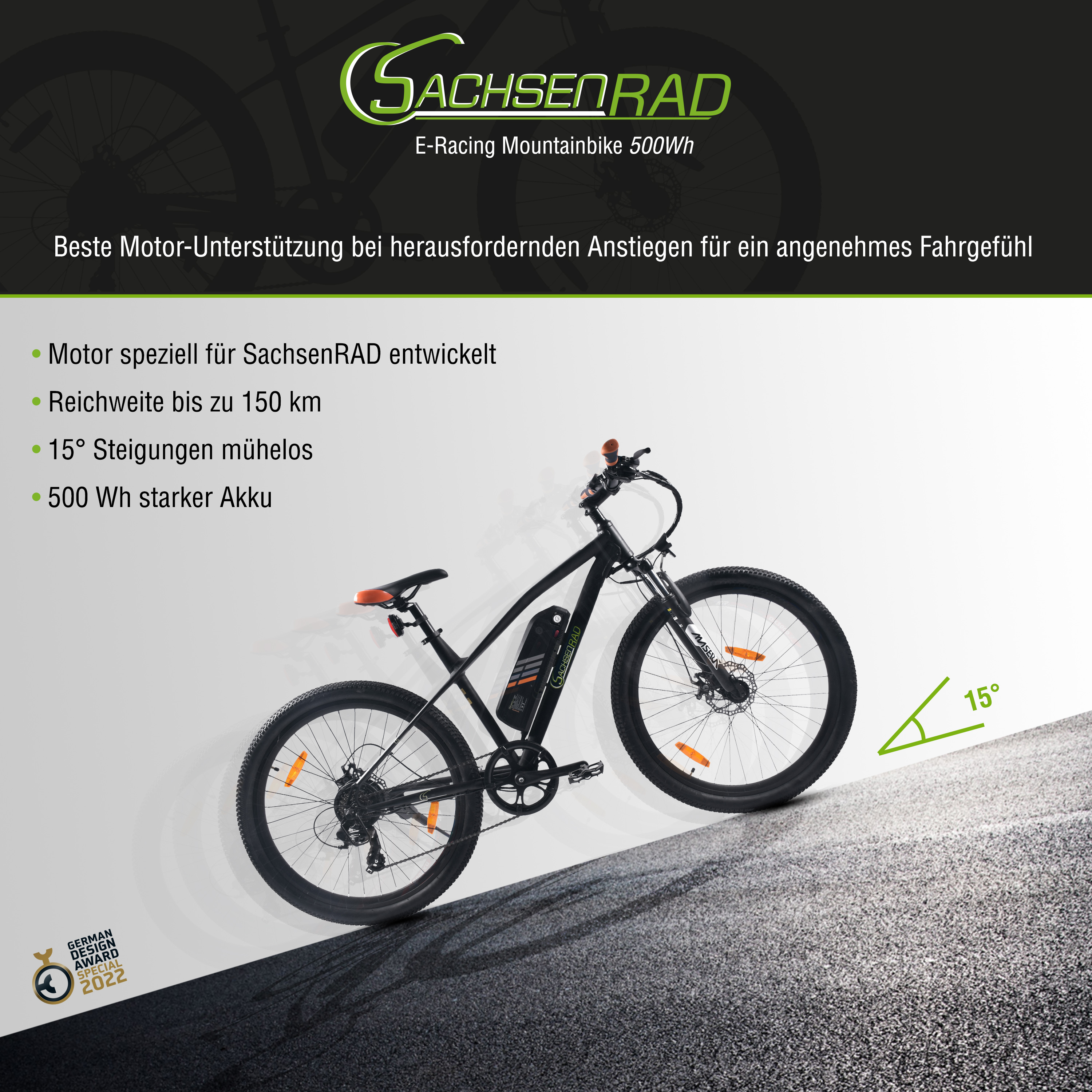 Schwarzes E-Bike auf einer Steigung. Text: E-Racing Mountainbike 500Wh und andere Infos.