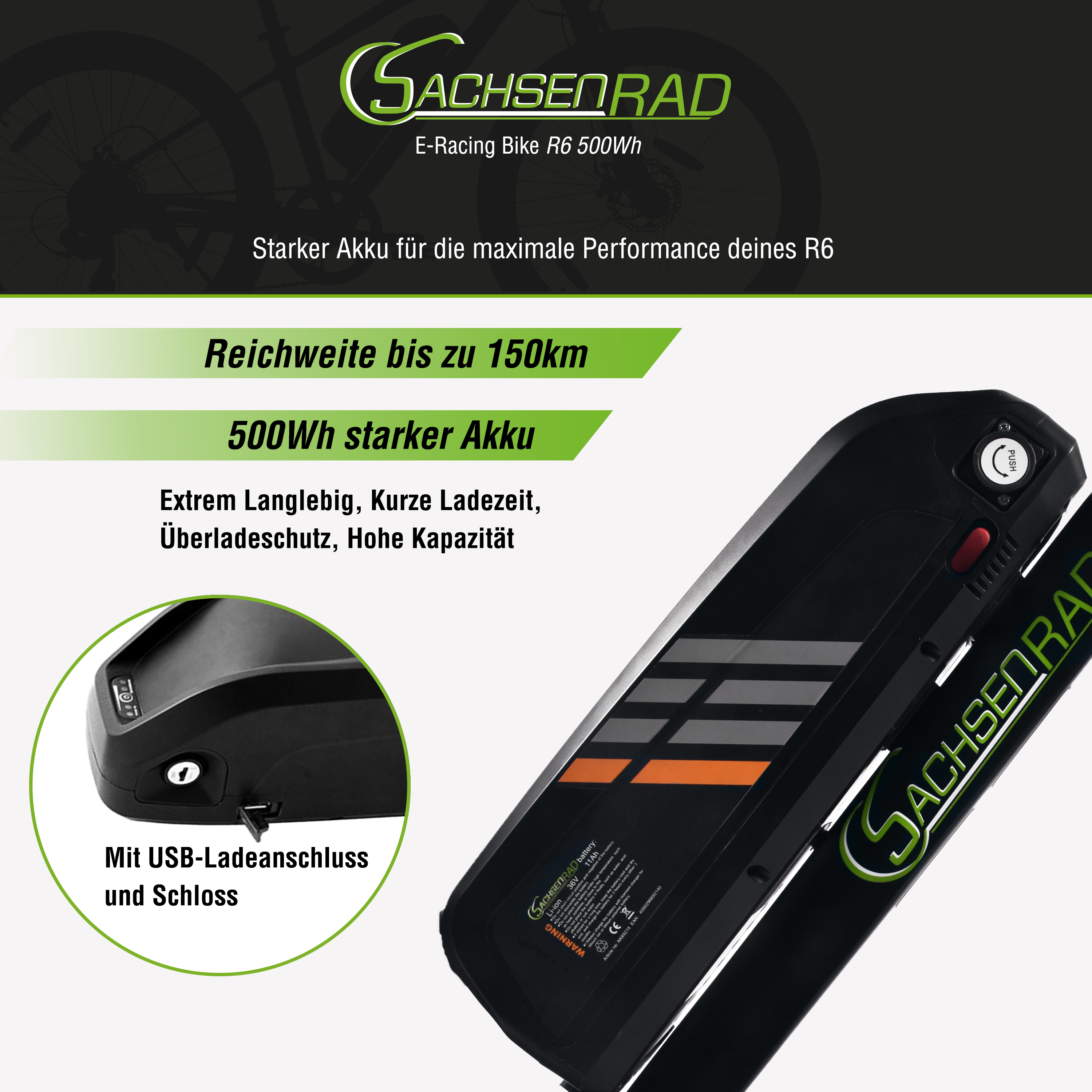Schwarzer E-Bike-Akku-Pack mit Text, „500Wh starker Akku“ und „Mit USB-Ladeanschluss und Schloss“.
