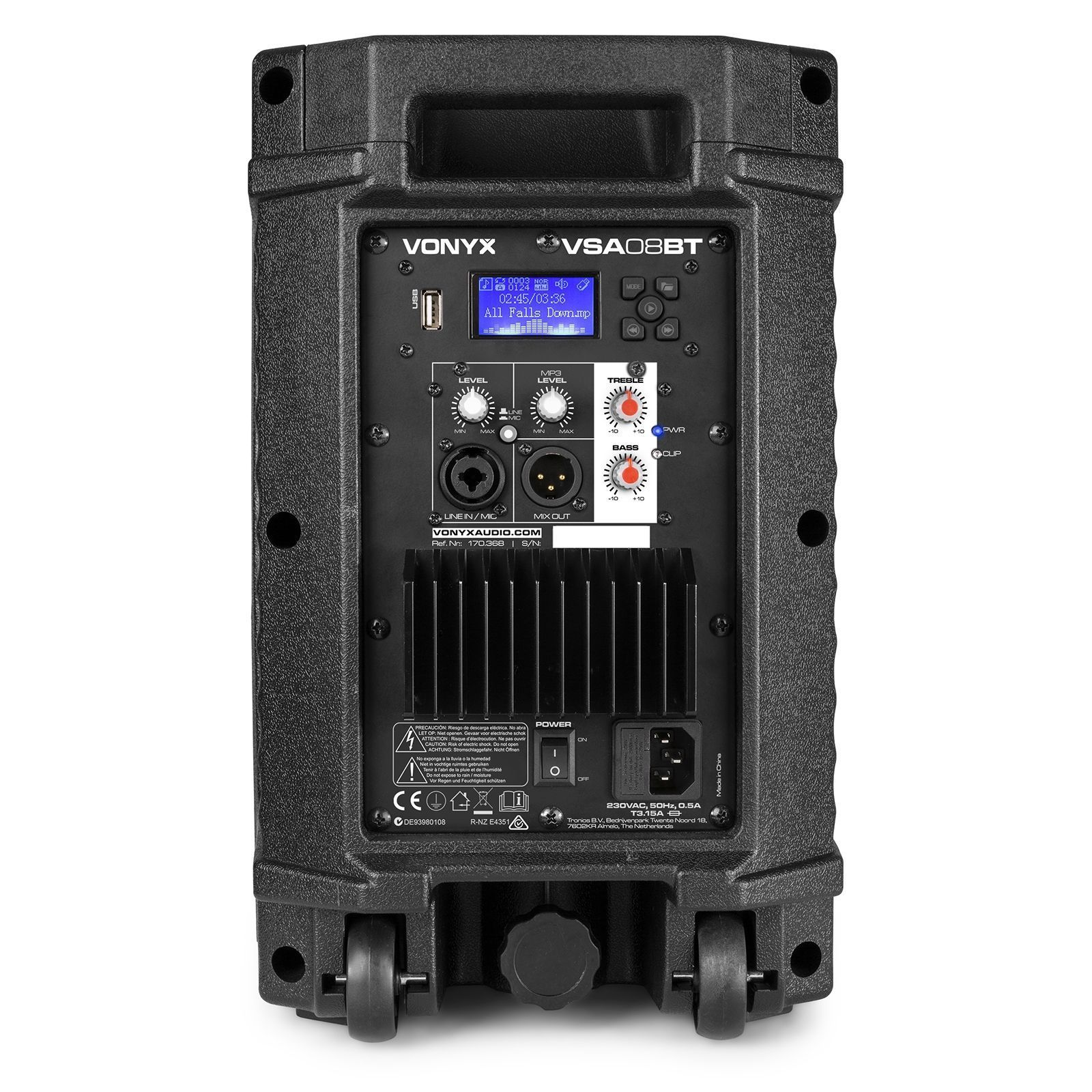 Panel trasero de altavoz negro con controles, puertos y pantalla.