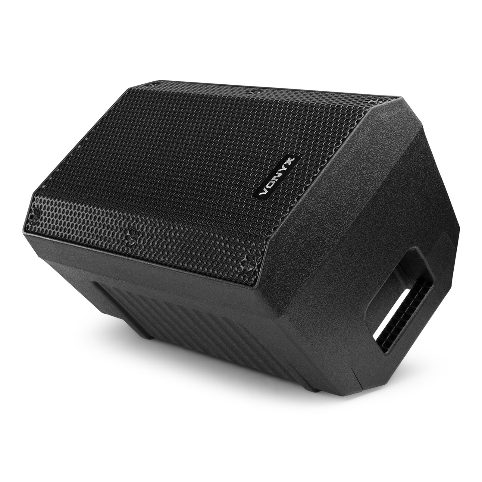 Altavoz negro en ángulo sobre una superficie blanca. La marca VONX está en el altavoz.