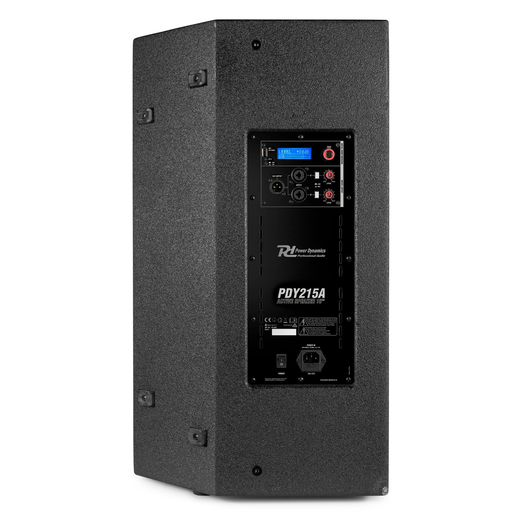 Zwarte achterkant van de Power Dynamics luidspreker, met ingangen, display en bedieningspaneel.