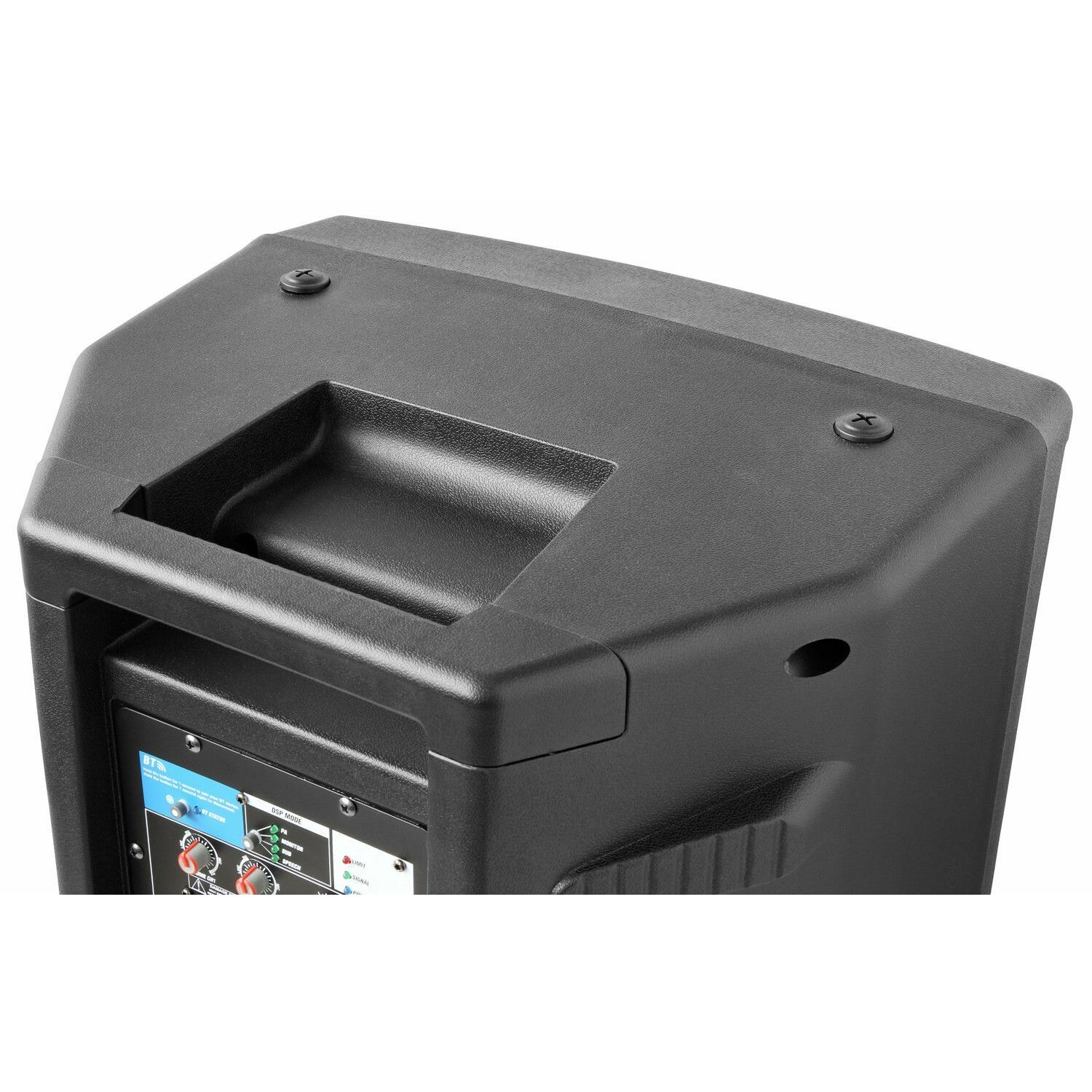 Zwarte speaker top met handvat en schroeven. Witte achtergrond.