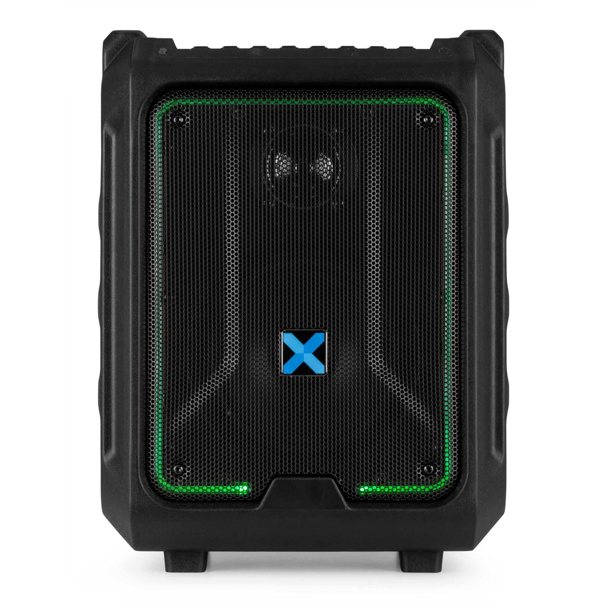 Een zwarte luidspreker met een groene lichtrand en een blauw 'X'-logo op een gaasvoorkant.