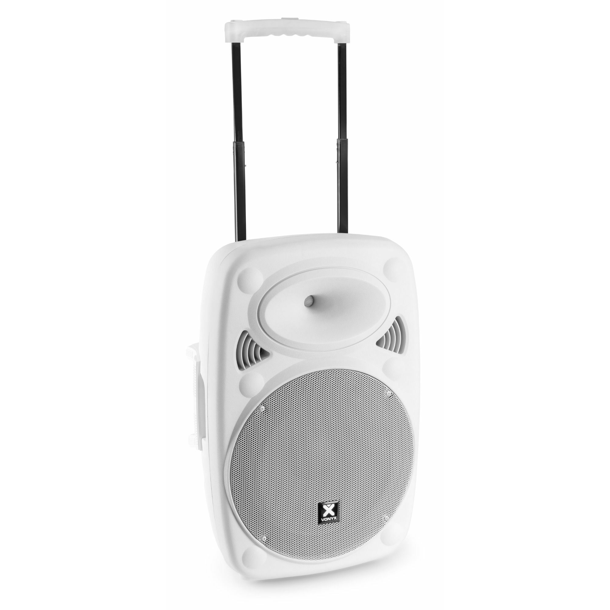 Witte luidspreker met handvat en een mesh grill. Witte achtergrond.