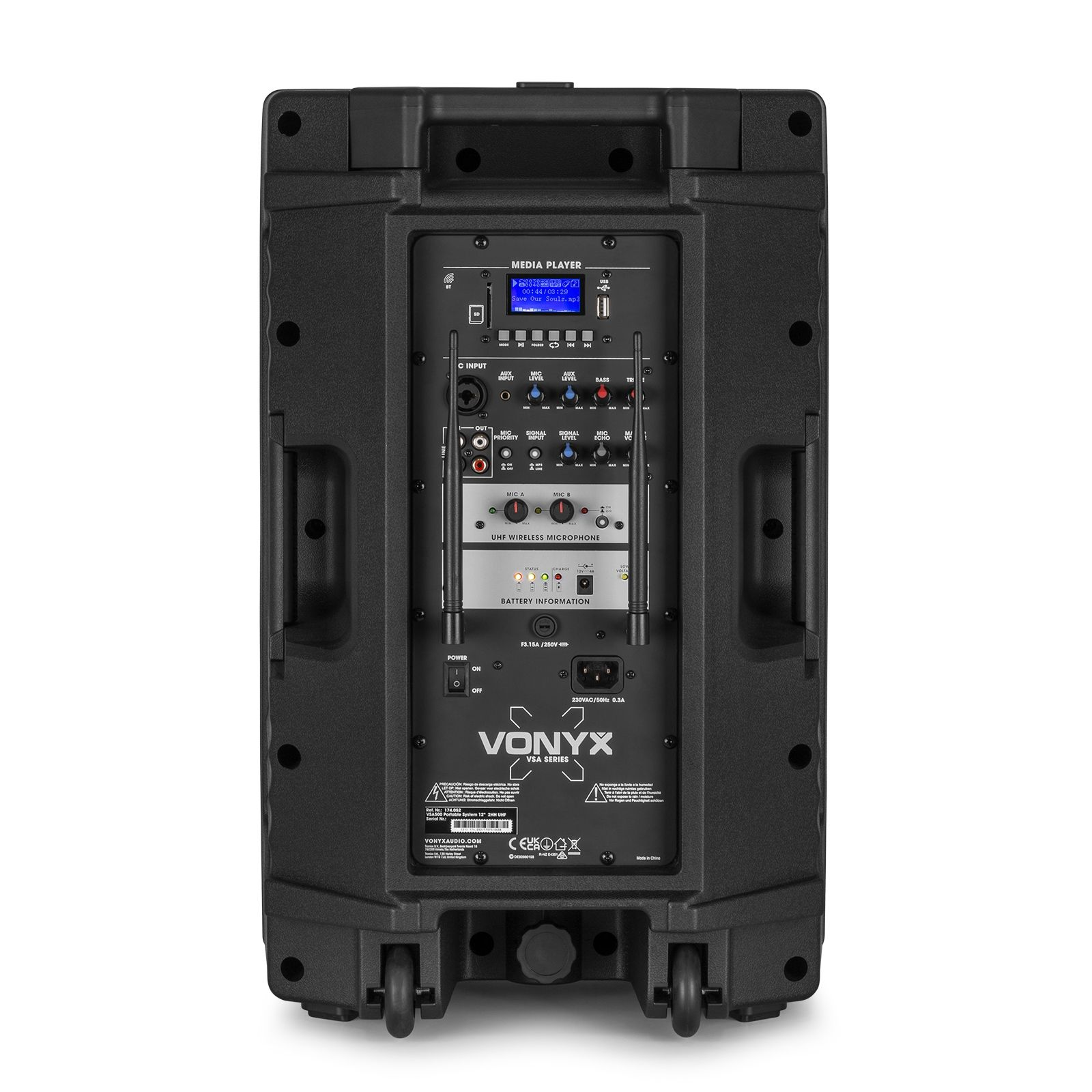 Parte trasera del altavoz negro Vonyx serie VSA. Tiene controles, entradas e información de batería. Ruedas abajo.