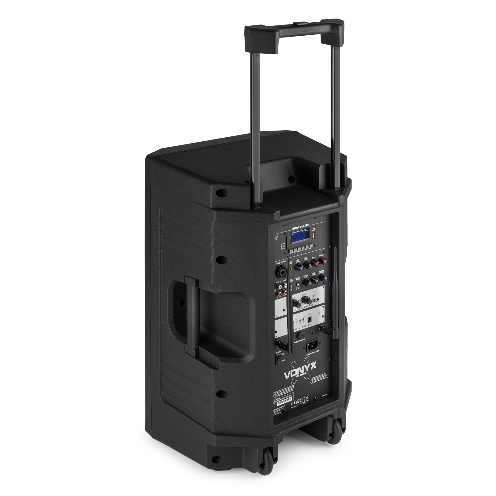 Altavoz negro con ruedas y asa. Parte trasera con controles.
