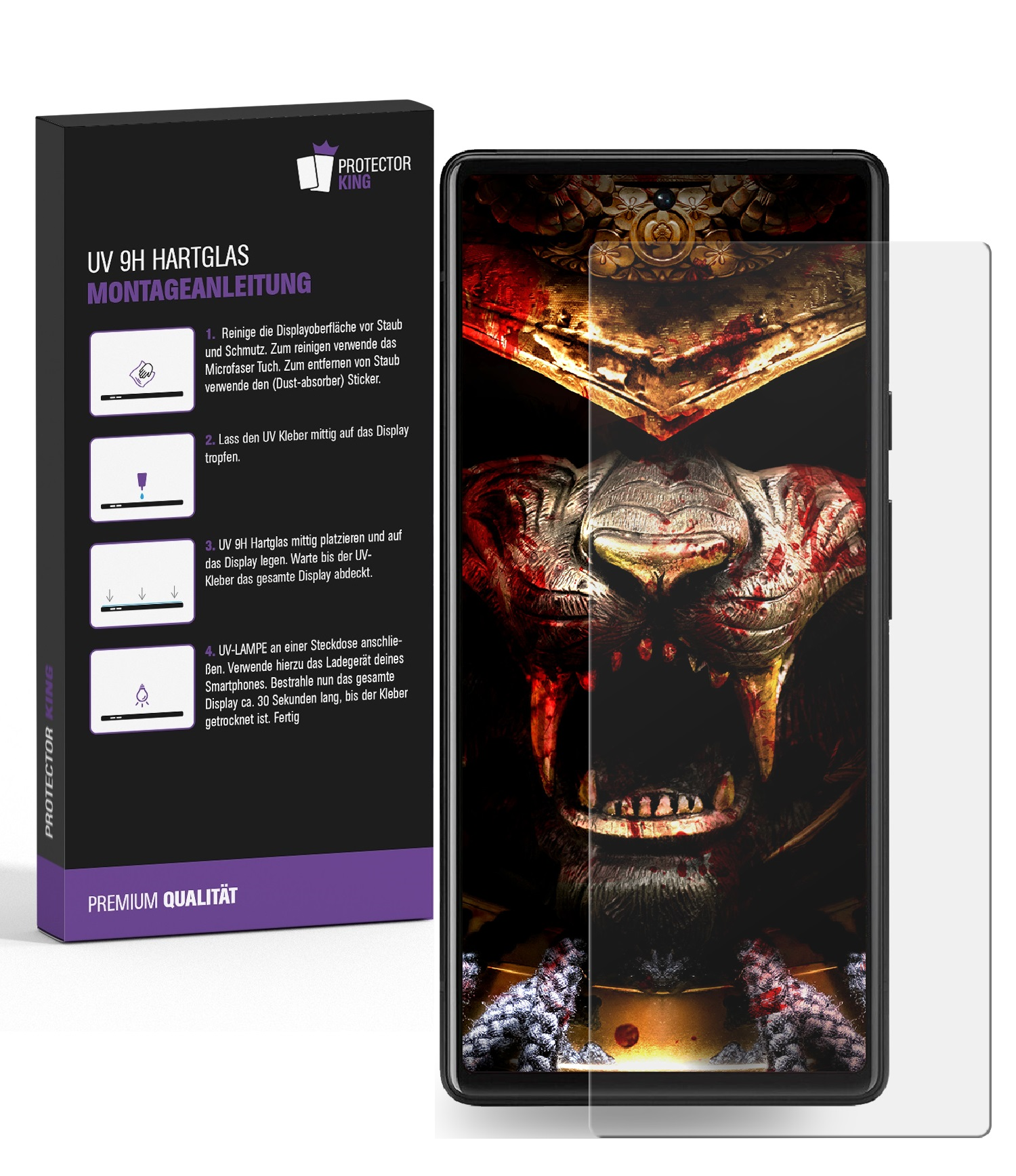 Smartphone-Bildschirm mit Displayschutzfolie und Montageanleitung. Kunstwerk eines Gesichts.