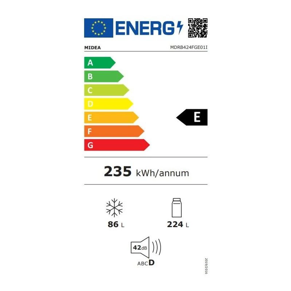 Energielabel. Koelkast. Energieklasse E. 235 kWh/jaar. 86L/224L.