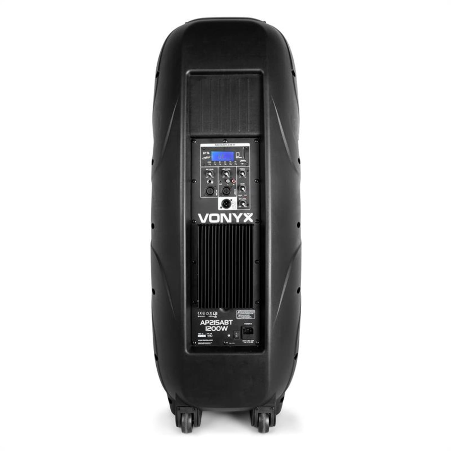 Zwarte speaker achterkant met bediening, ventilatie en merklogo.