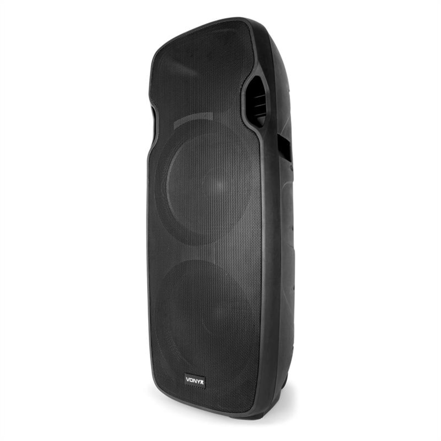 Zwarte luidspreker met twee zichtbare speakers. Mesh rooster en Vonyx logo onderaan.