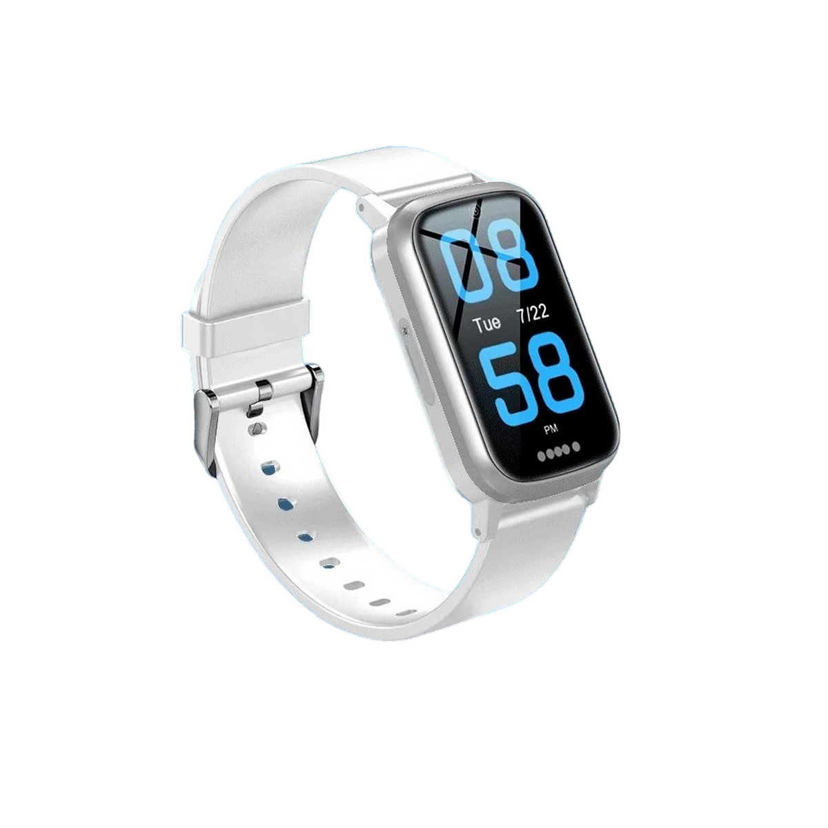 Eine weiße Smartwatch mit Anzeige von Uhrzeit und Datum. Sie hat ein weißes Armband.