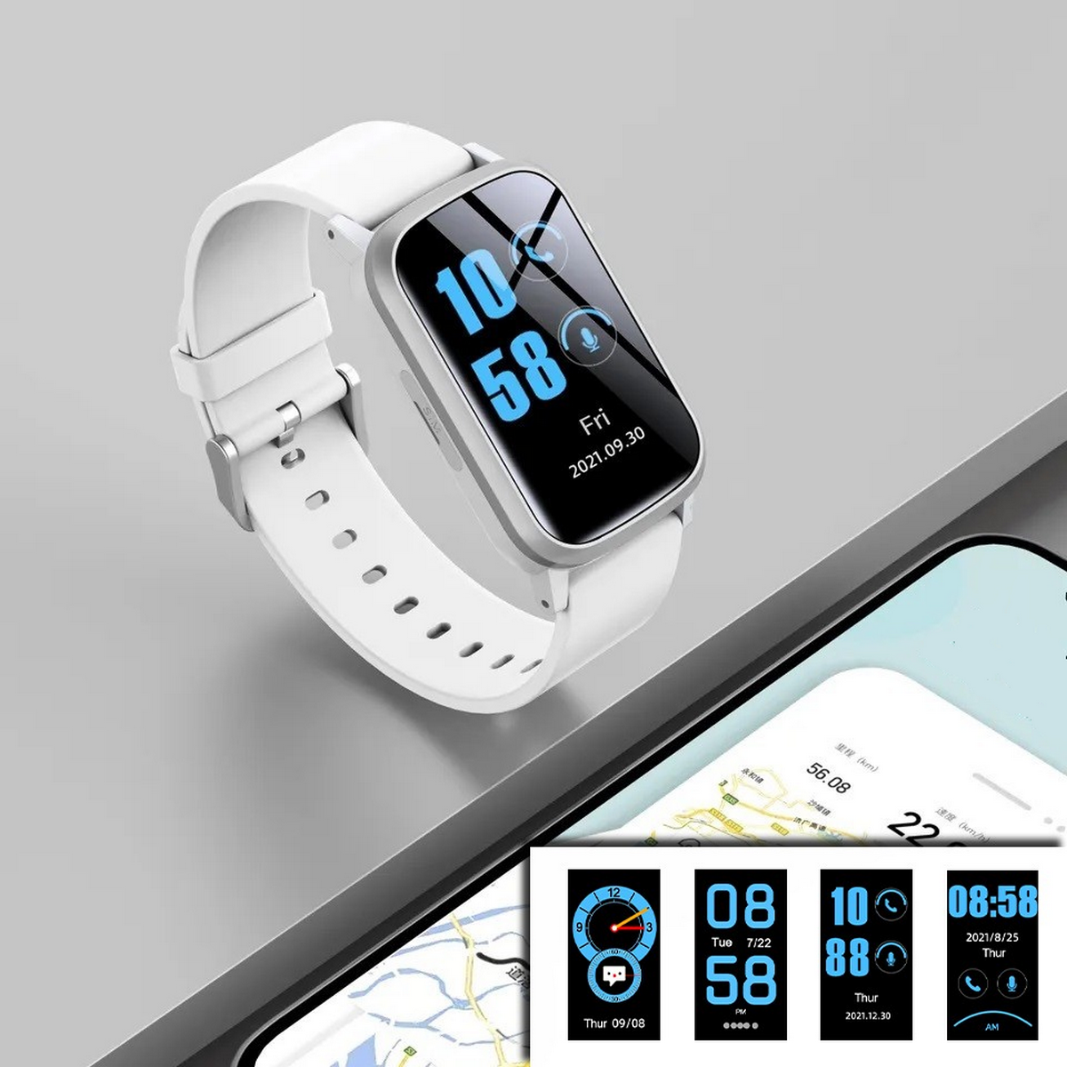 Eine weiße Smartwatch, die Zeit und Datum auf dem Bildschirm anzeigt, mit anderen Optionen darunter.