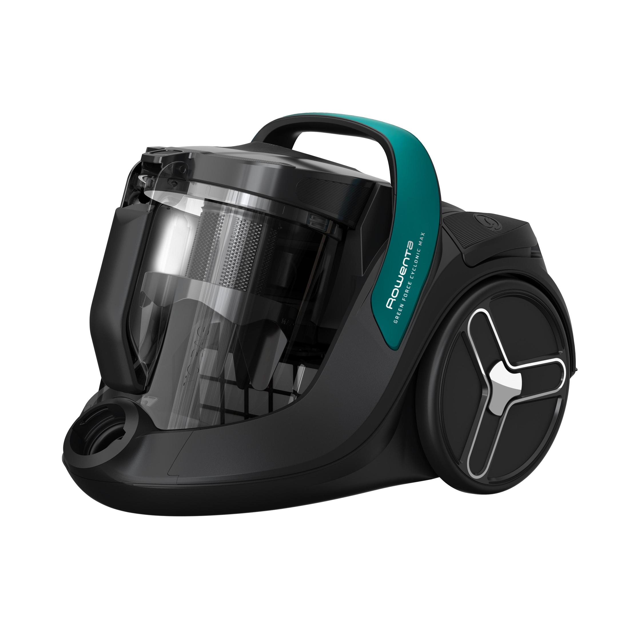 Czarny odkurzacz z zielonym uchwytem, przezroczystym pojemnikiem na kurz i dużymi kołami.