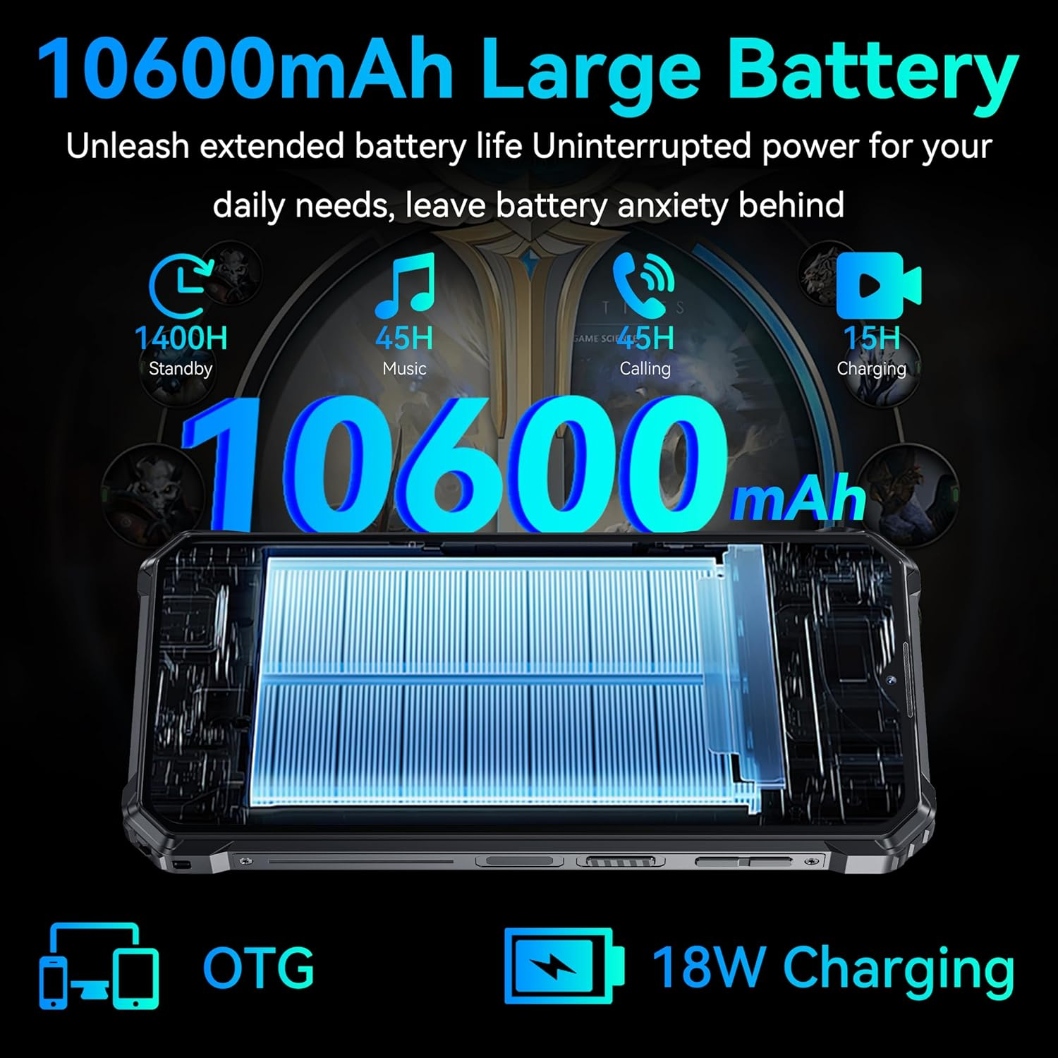 Przenośne urządzenie do gier z dużą baterią. Ekran wyświetla grafikę i dane. Niebieskie tło.