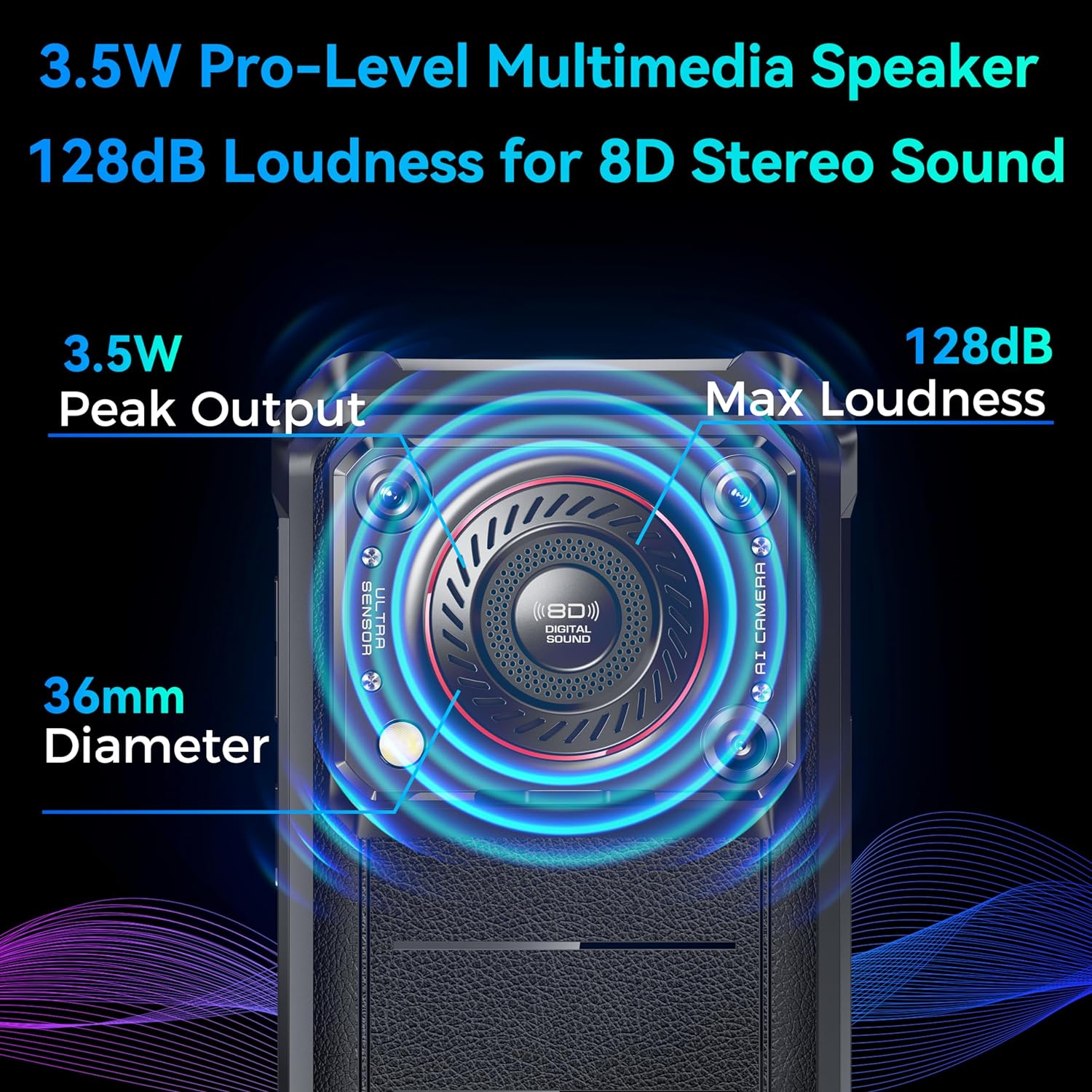 Czarny głośnik z tekstem i ilustracjami.