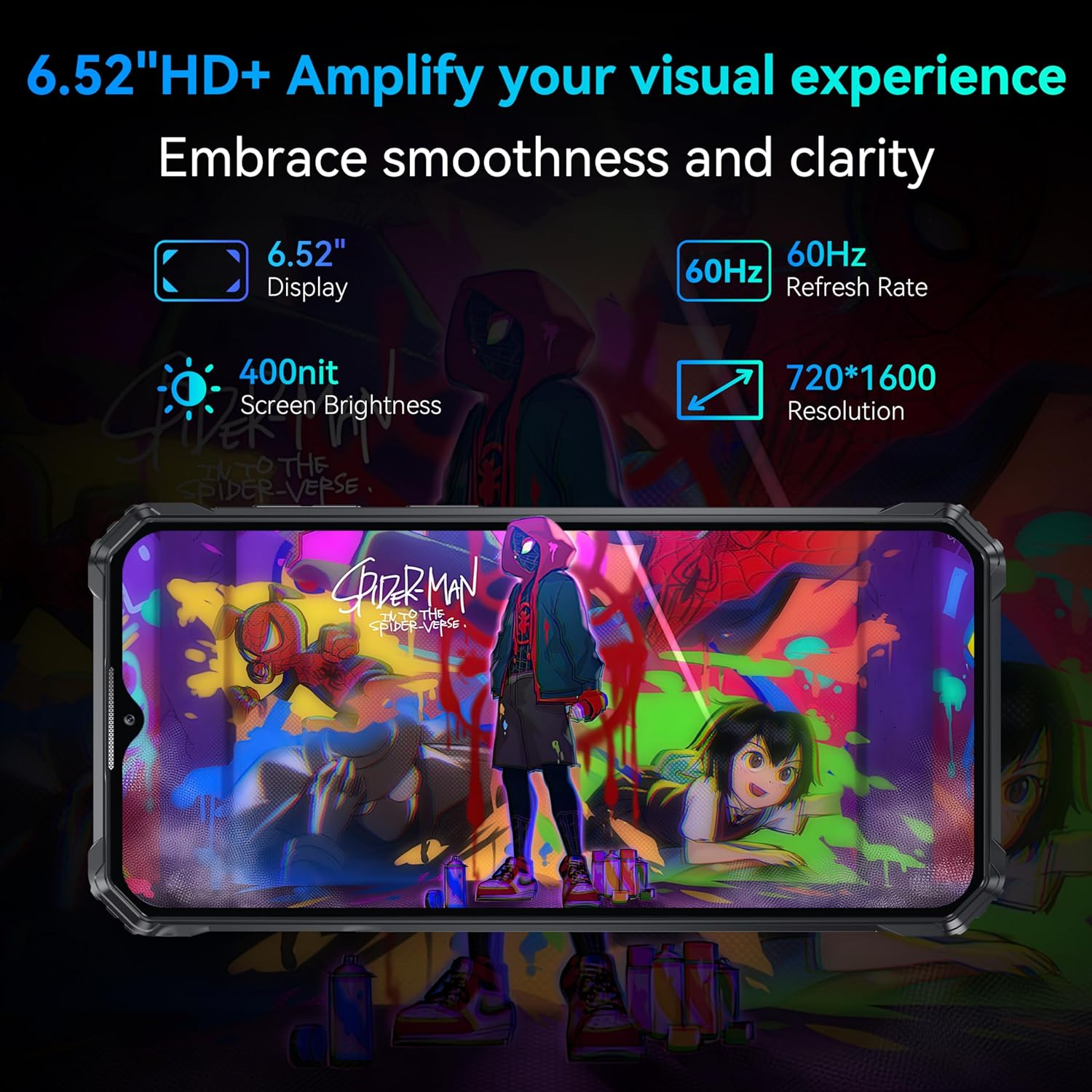 Ekran smartfona pokazujący kolorową grafikę Spider-Mana. Wyświetlany jest tekst dotyczący wyświetlacza i rozdzielczości.