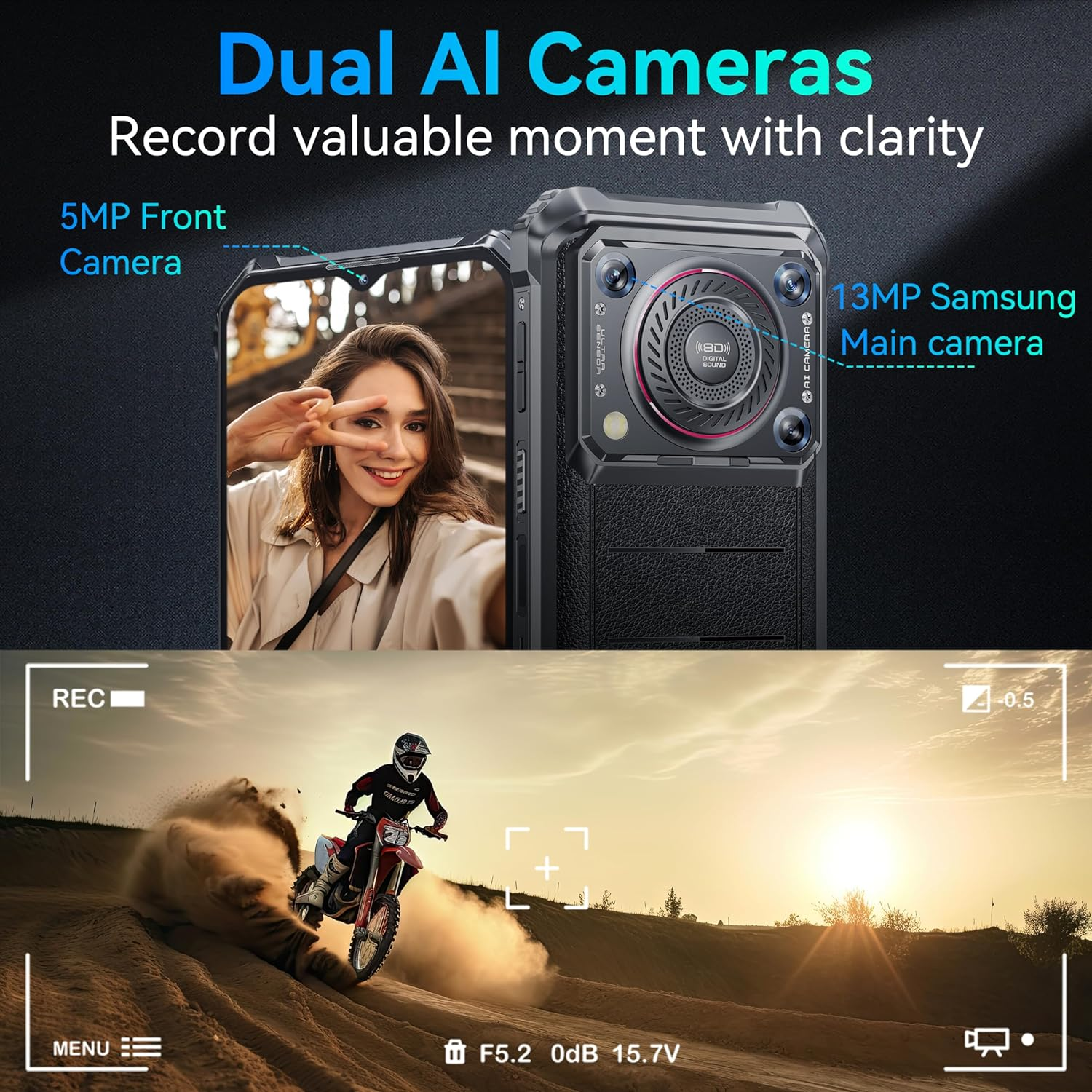 Telefon z podwójnymi aparatami, kobieta robi selfie i scena z motocyklem.