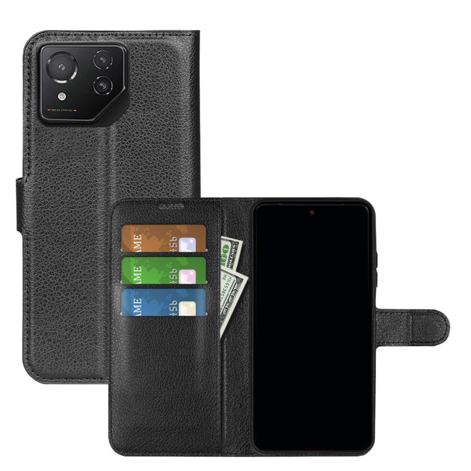 Schwarze Handyhülle mit Kartenfächern, Geldtasche und Telefon. Das Telefon ist schwarz.
