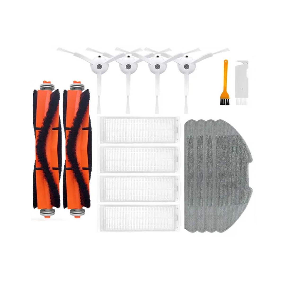 Zubehör-Kit für Roboter-Staubsauger. Enthält Bürsten, Filter und Reinigungspads.