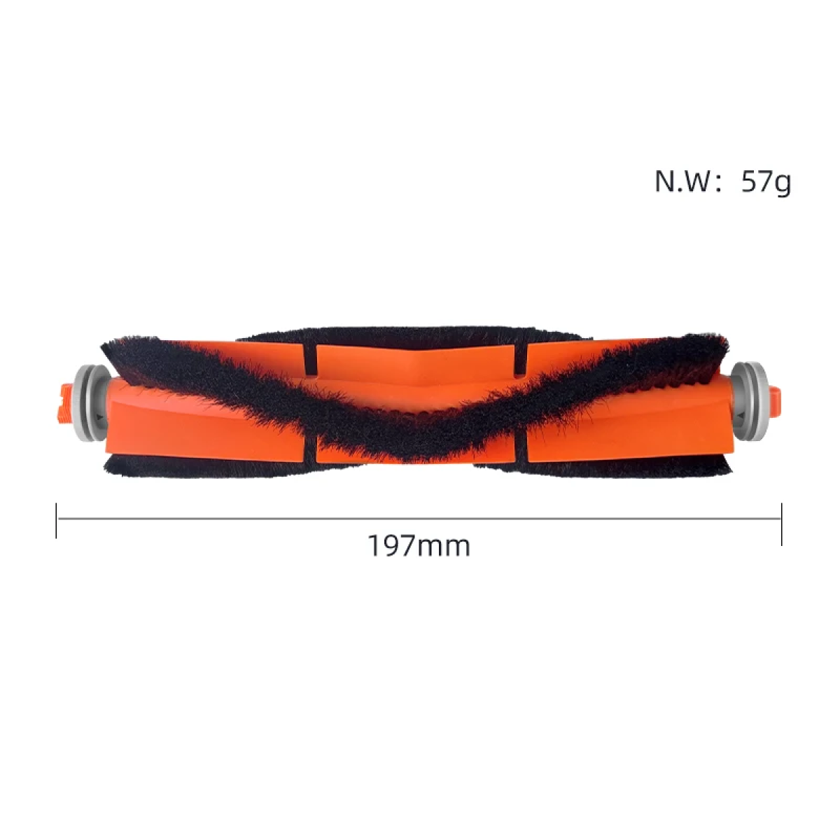 Pomarańczowa i czarna głowica szczotki do odkurzacza z włosiem. Wyświetlana jest miara 197 mm.