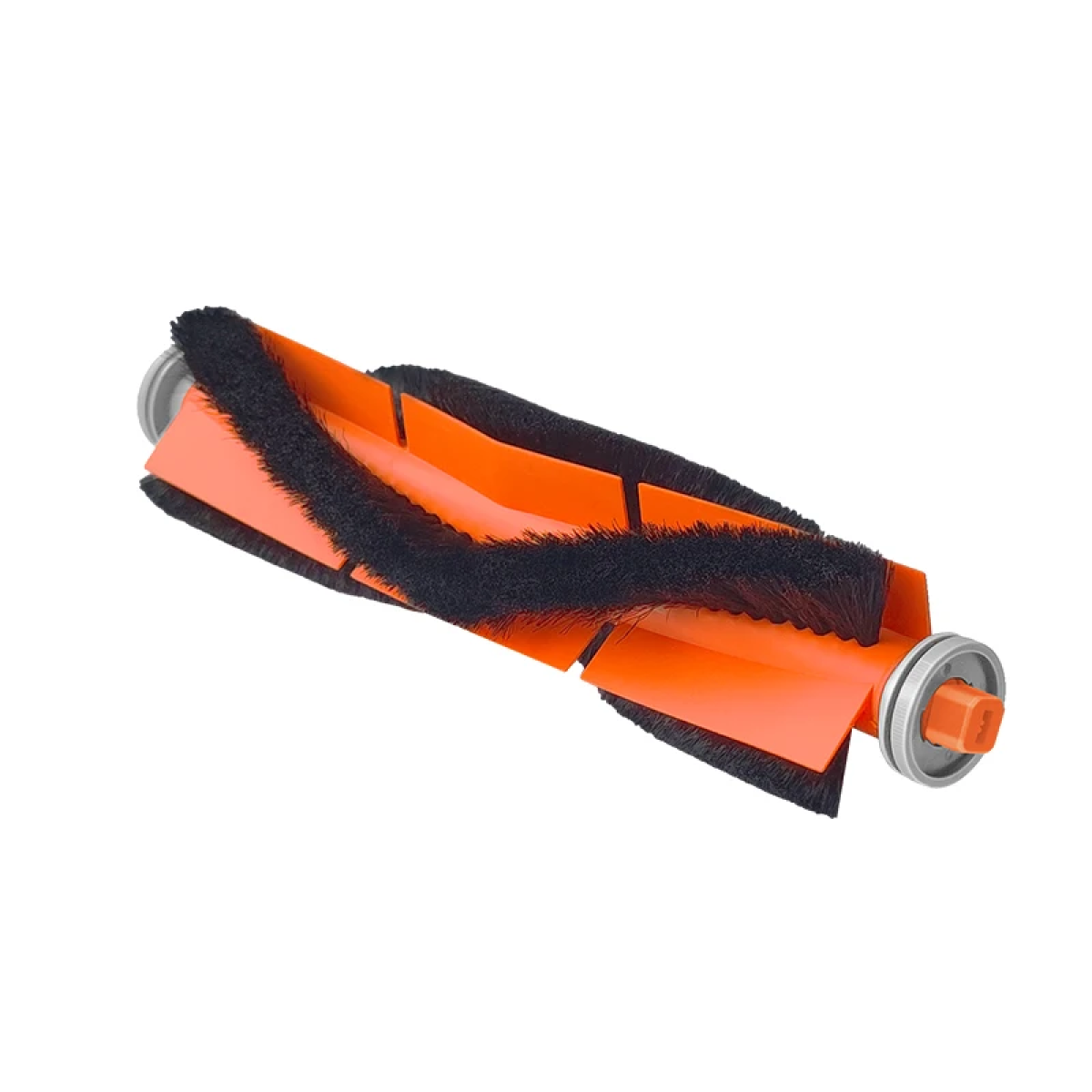 Pomarańczowa i czarna szczotka do odkurzacza. Ma centralną obrotową szczotkę otoczoną miękkim włosiem.