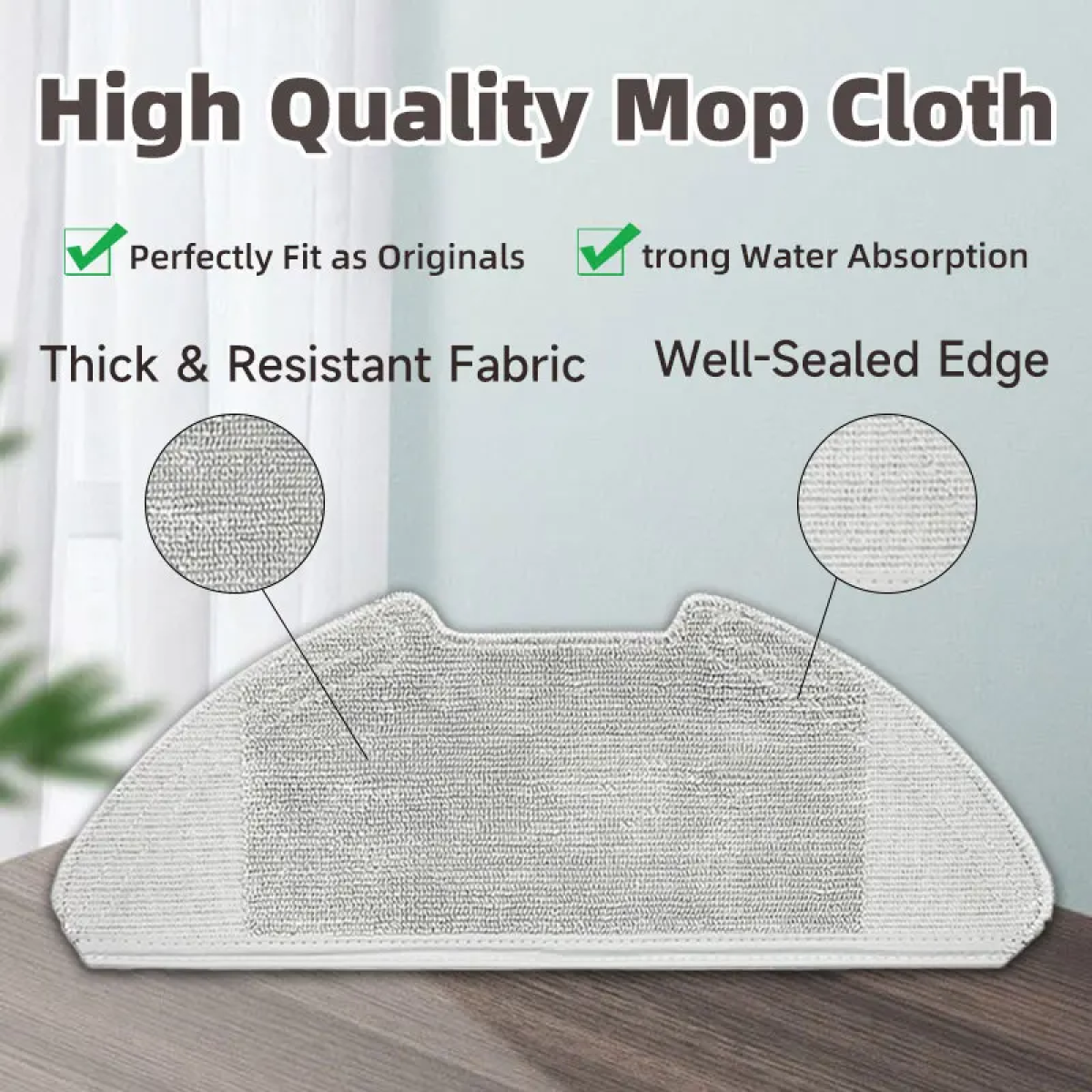 Biała ściereczka do mopa na drewnianym stole, ze zbliżeniami pokazującymi fakturę materiału.