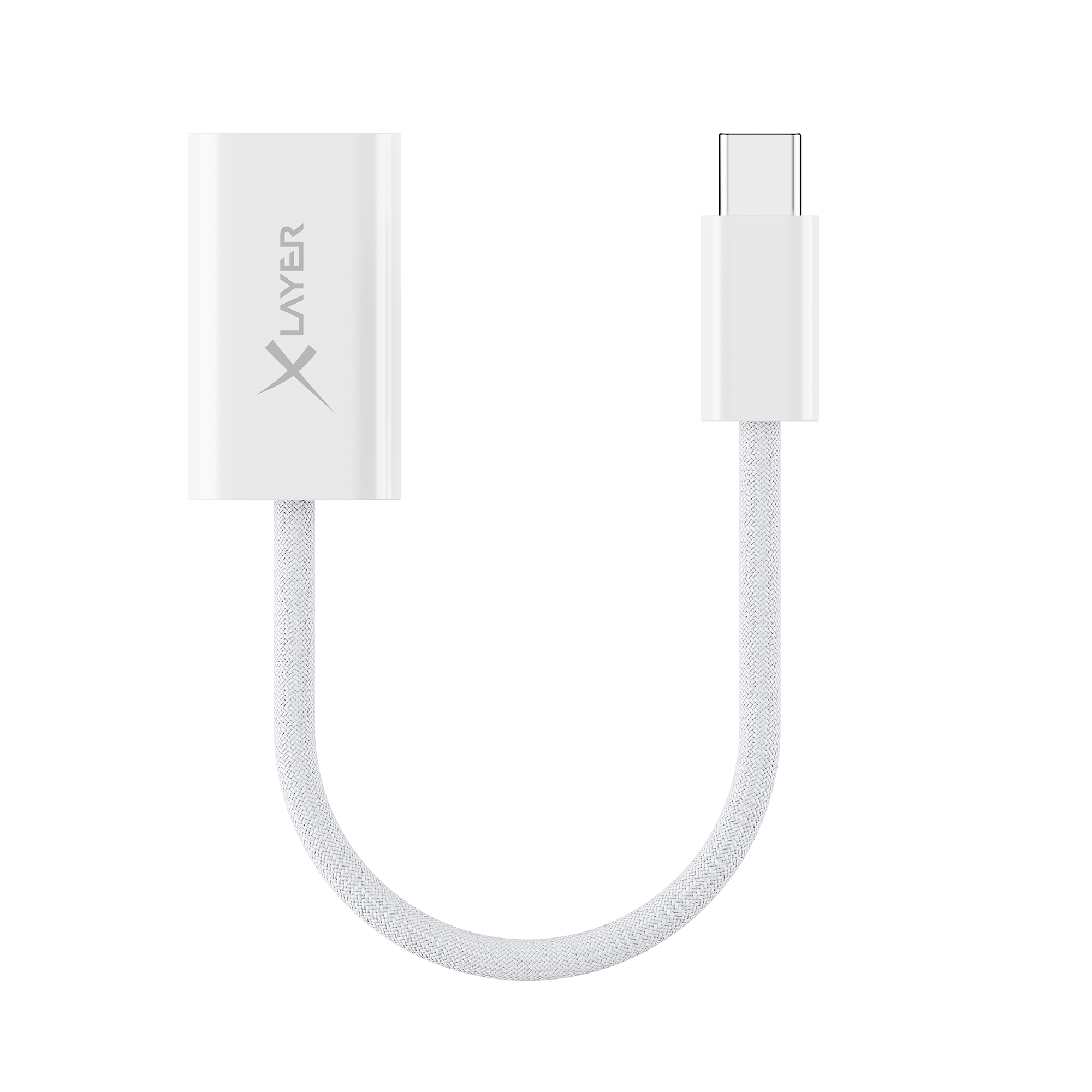 Ein weißes USB-C-zu-USB-A-Adapterkabel, weißer Hintergrund.