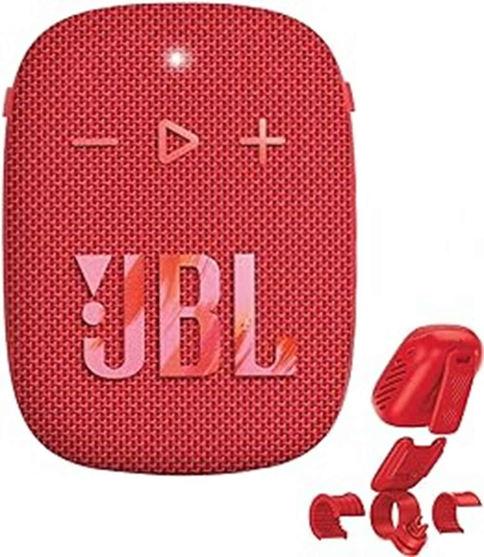 Czerwony głośnik JBL Clip. Ma przyciski i logo JBL. Są dodatkowe czerwone części.