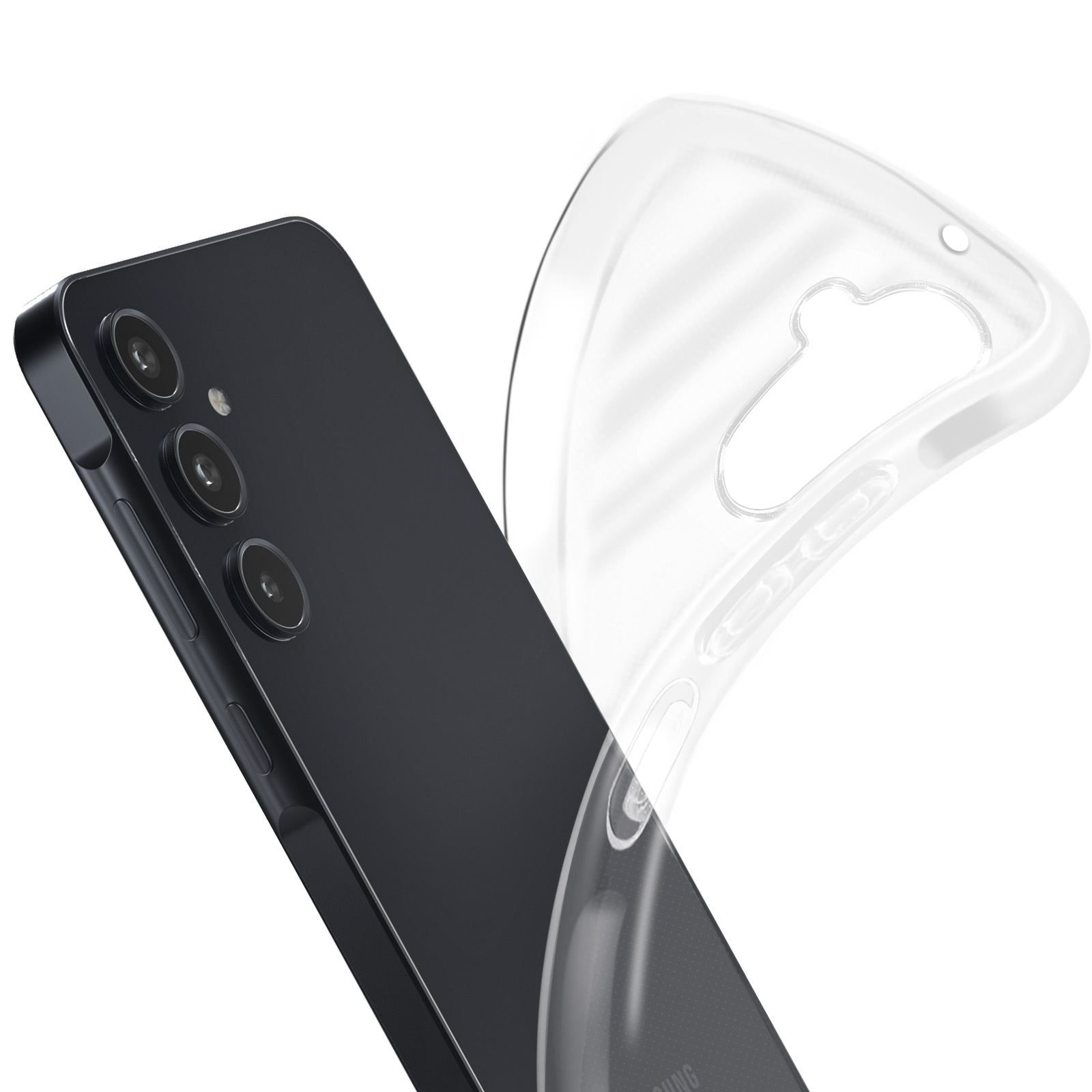 Un telefono nero e una custodia trasparente sono esposti su sfondo bianco.