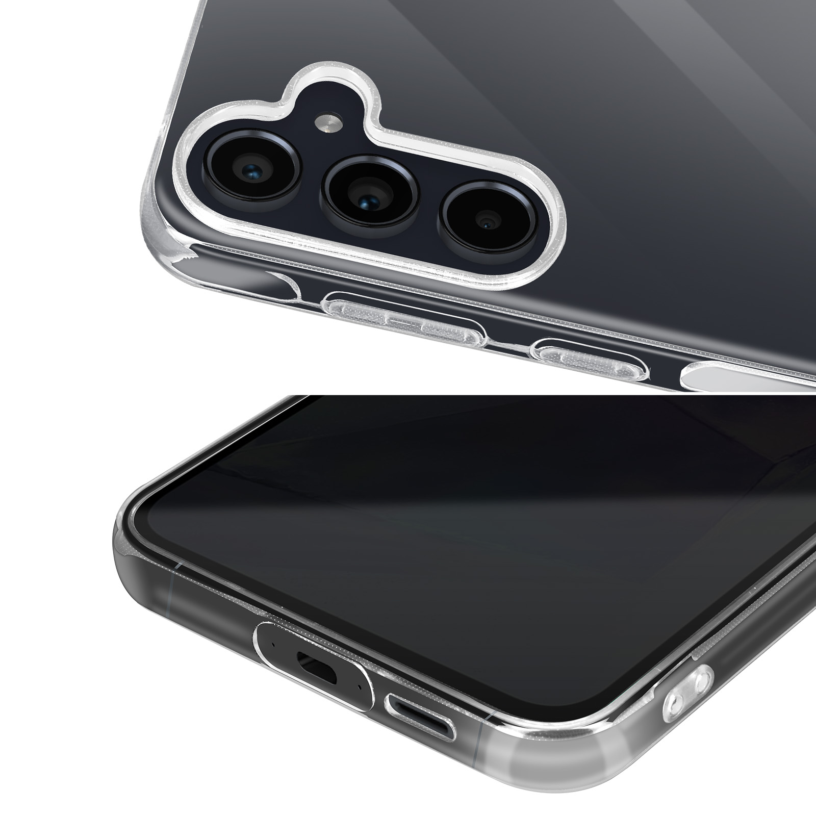 Primo piano di un telefono in una custodia trasparente. Il telefono ha tre fotocamere e uno schermo nero.