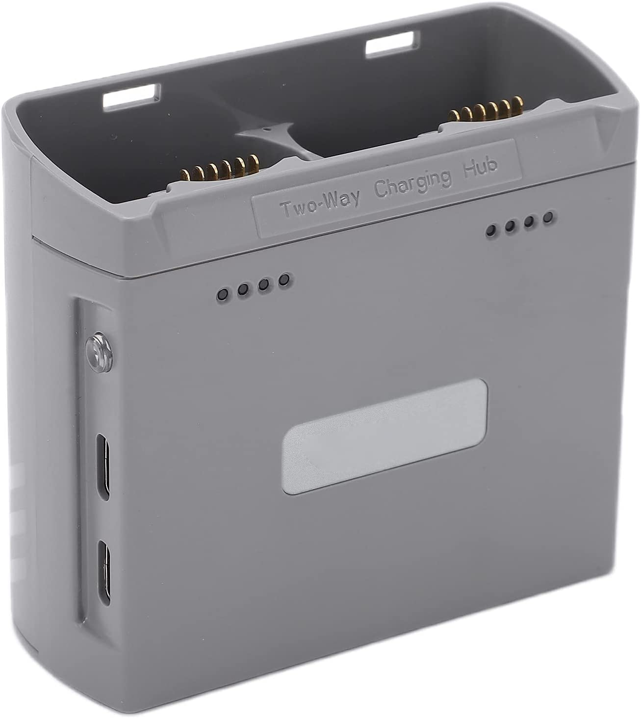 Ein grauer Zwei-Wege-Ladehub für kleine elektronische Geräte.
