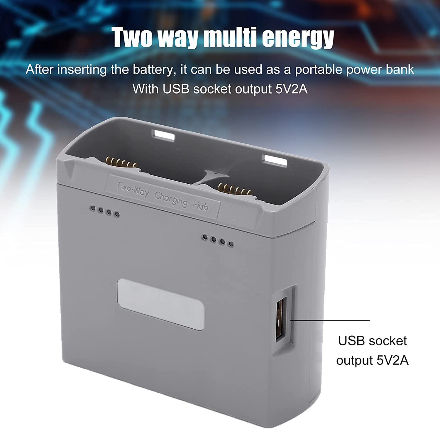 Grauer Zwei-Wege-Lade-Hub mit USB-Buchse, Text überlagert.